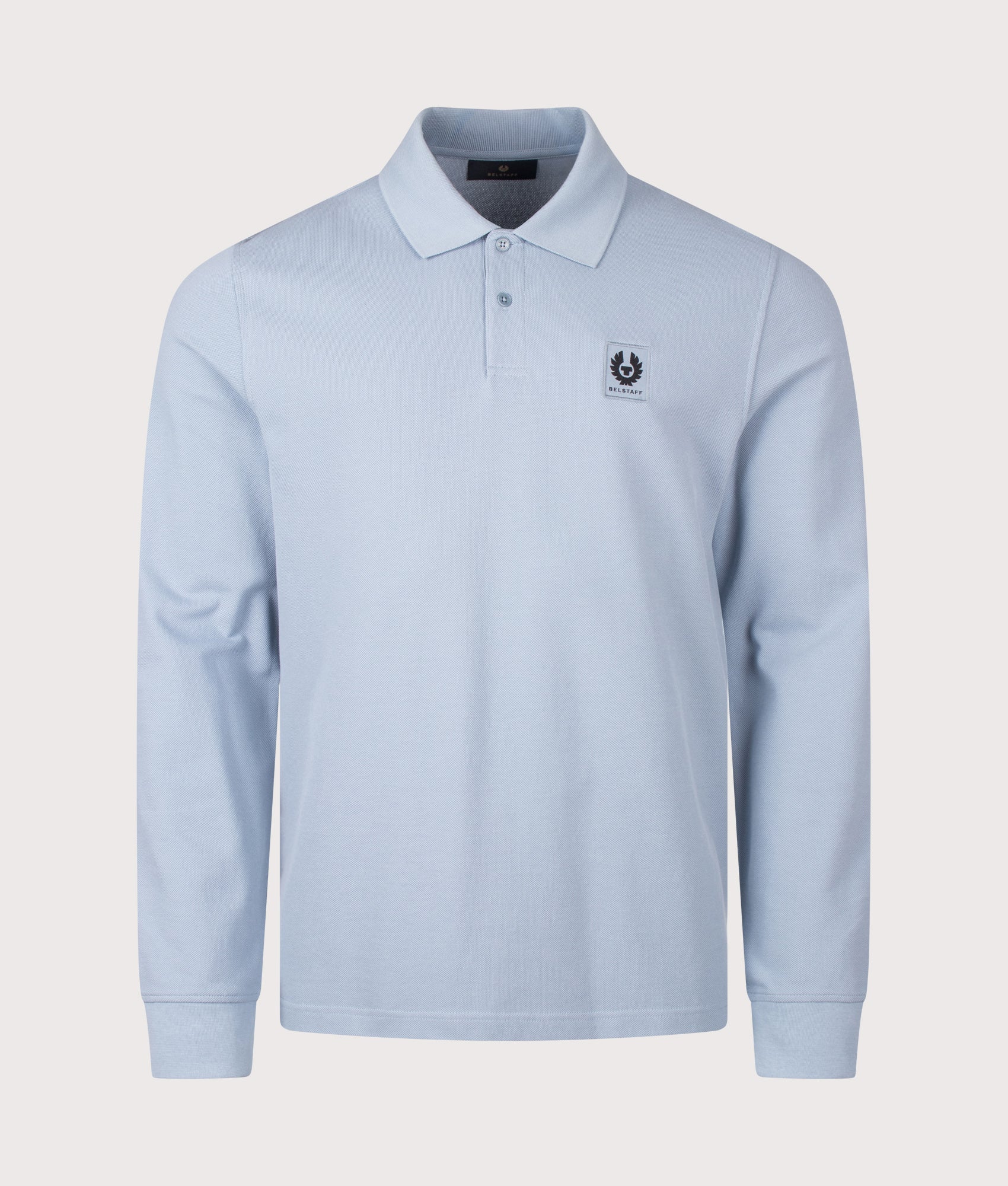 Belstaff Regular Fit Belstaff Long Sleeved Polo Shirt in Mist Blue at EQVVS Menswear. Front shot.