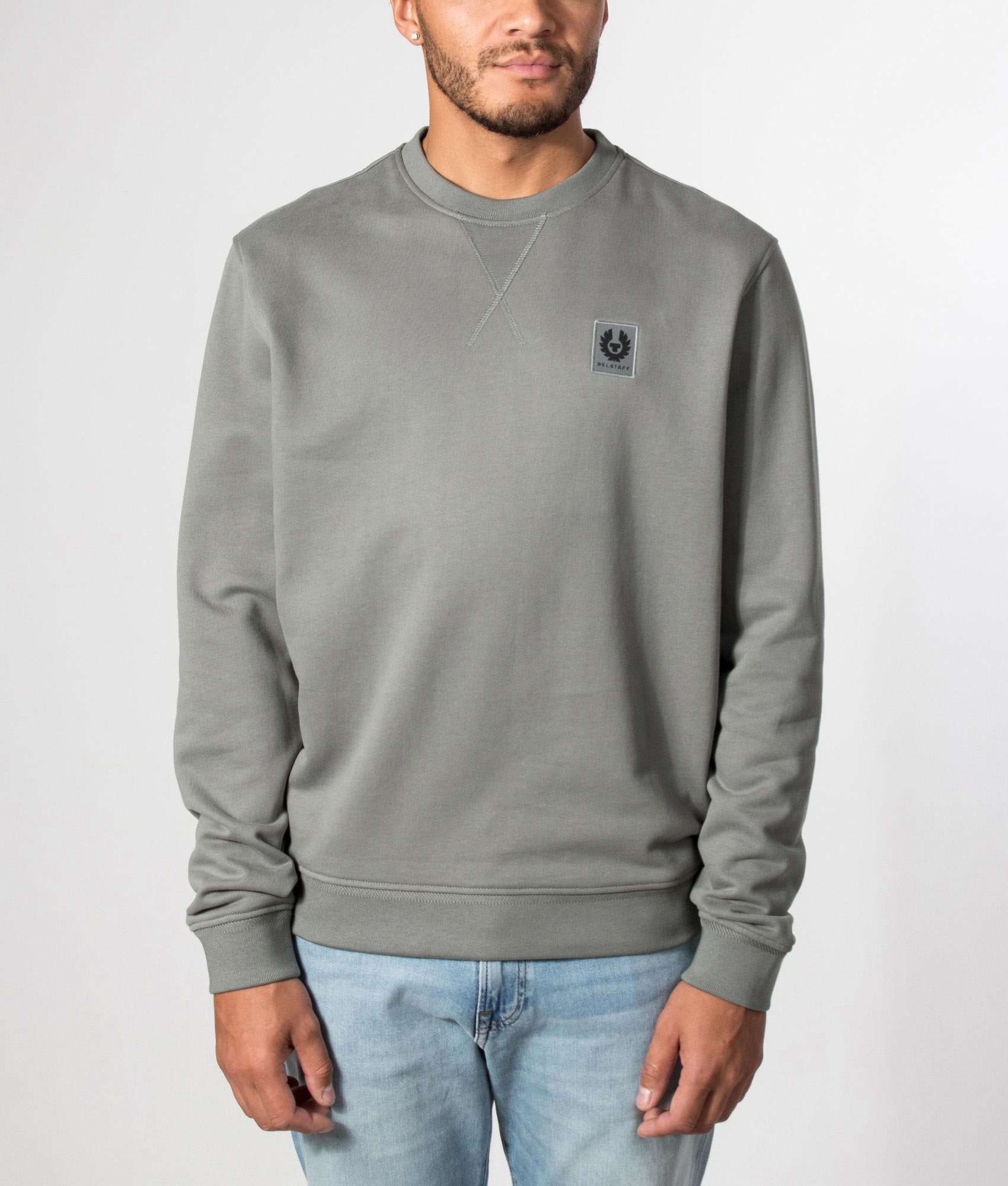 Belstaff Regular Fit Belstaff Sweatshirt in Atlantic Grey at EQVVS Menswear. Model front shot.