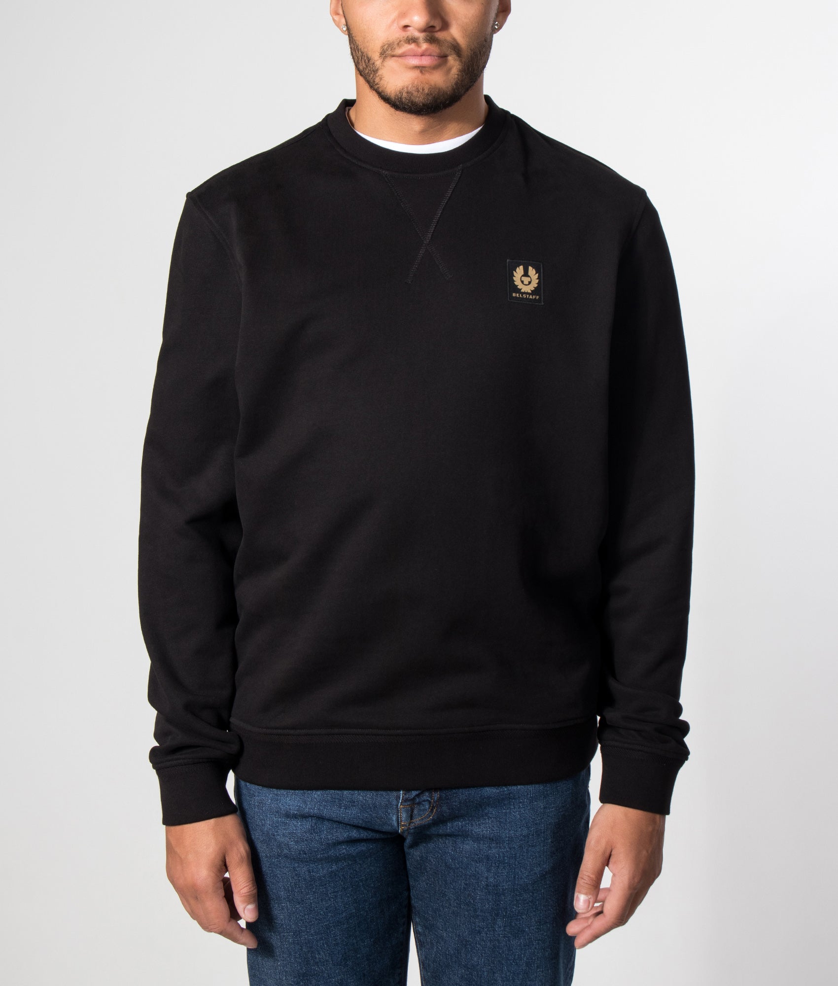 Belstaff Regular Fit Belstaff Sweatshirt in Black at EQVVS Menswear. Model front shot.