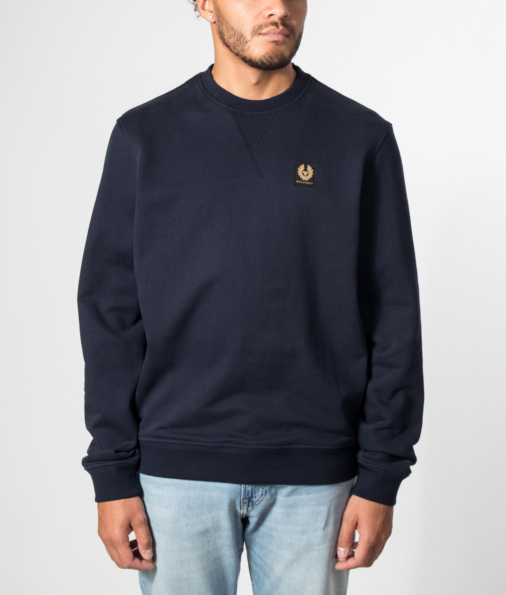Belstaff Regular Fit Belstaff Sweatshirt in Dark Ink at EQVVS Menswear. Model front shot.