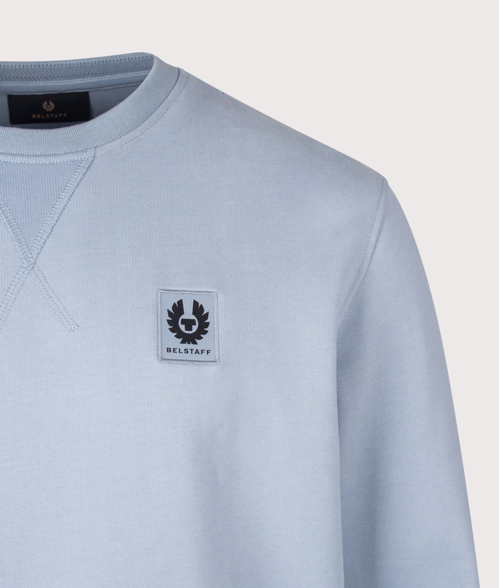 Belstaff Regular Fit Belstaff Sweatshirt in Mist Blue at EQVVS Menswear. Detail shot.