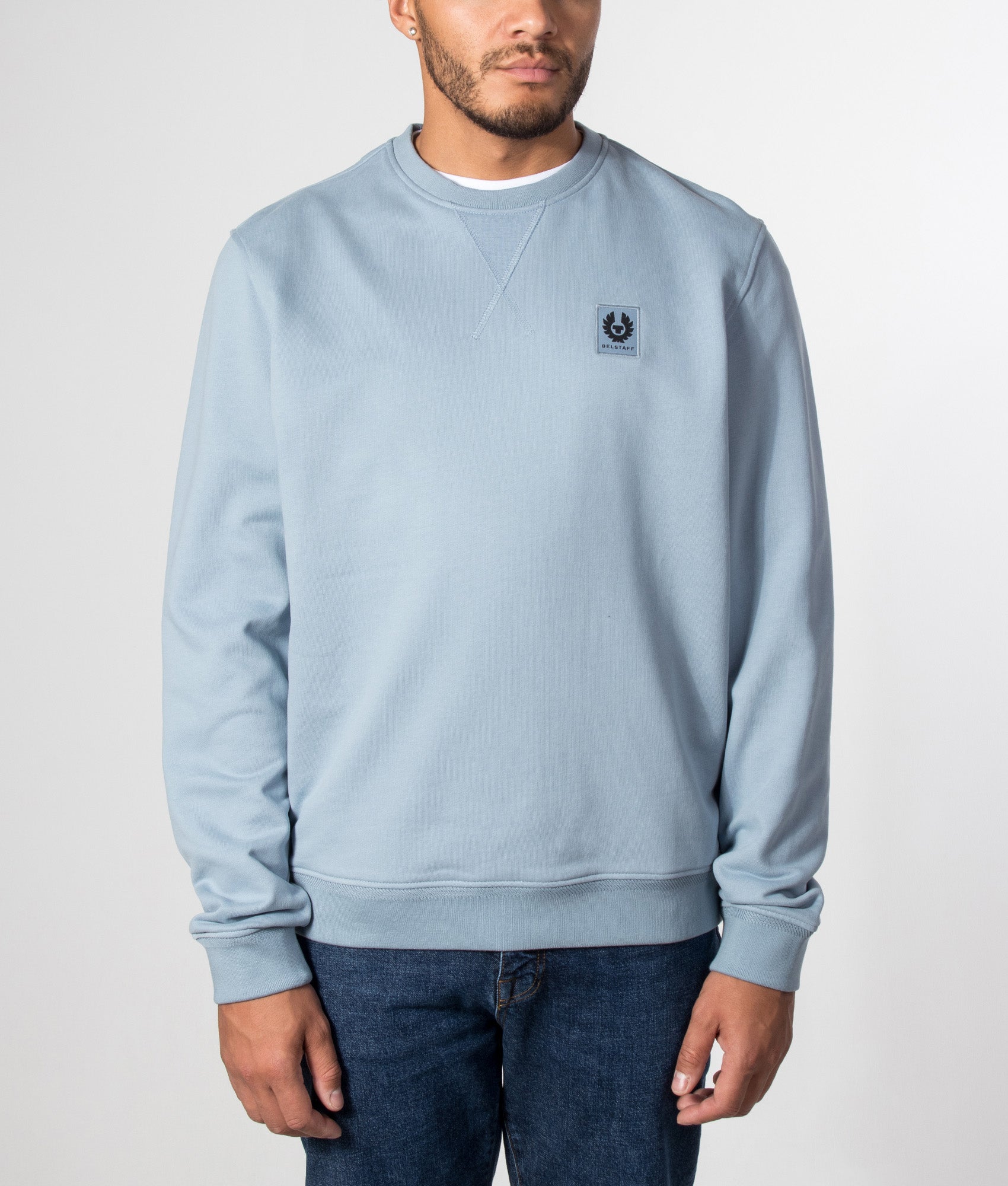 Belstaff Regular Fit Belstaff Sweatshirt in Mist Blue at EQVVS Menswear. Model front shot.