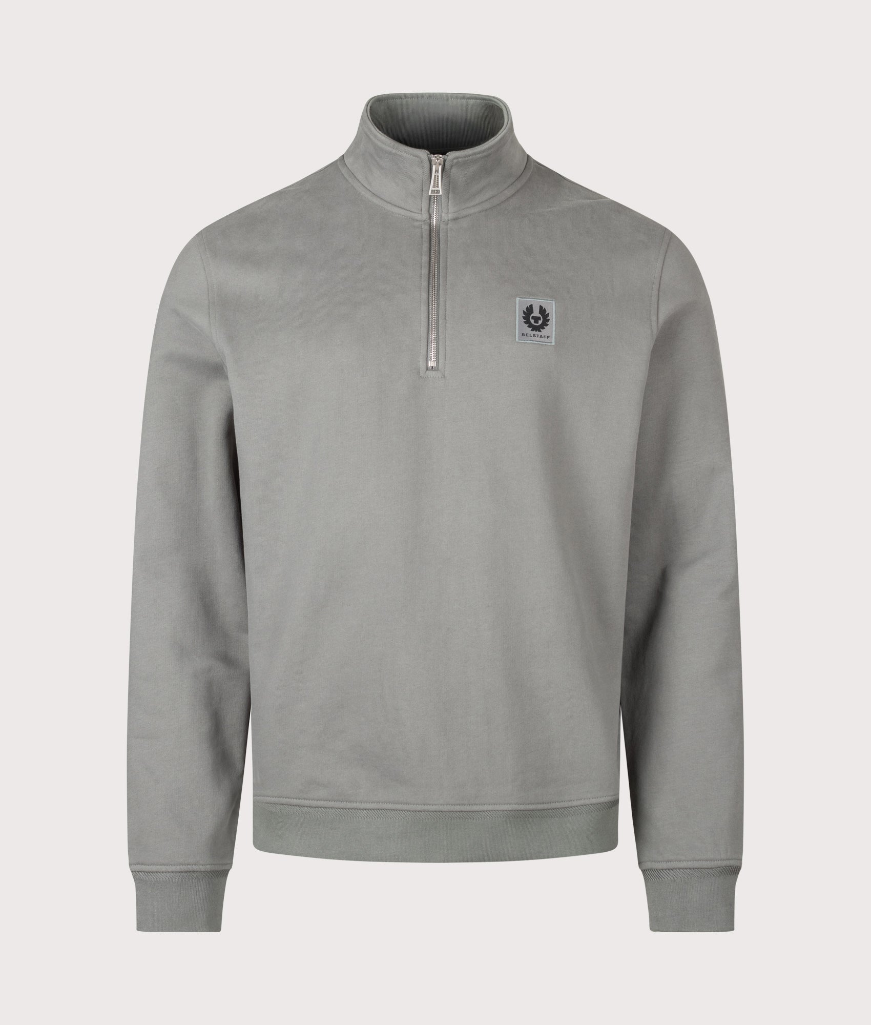 Belstaff Regular Fit Belstaff Quarter Zip Sweatshirt in Atlantic Grey at EQVVS Menswear. Front shot.