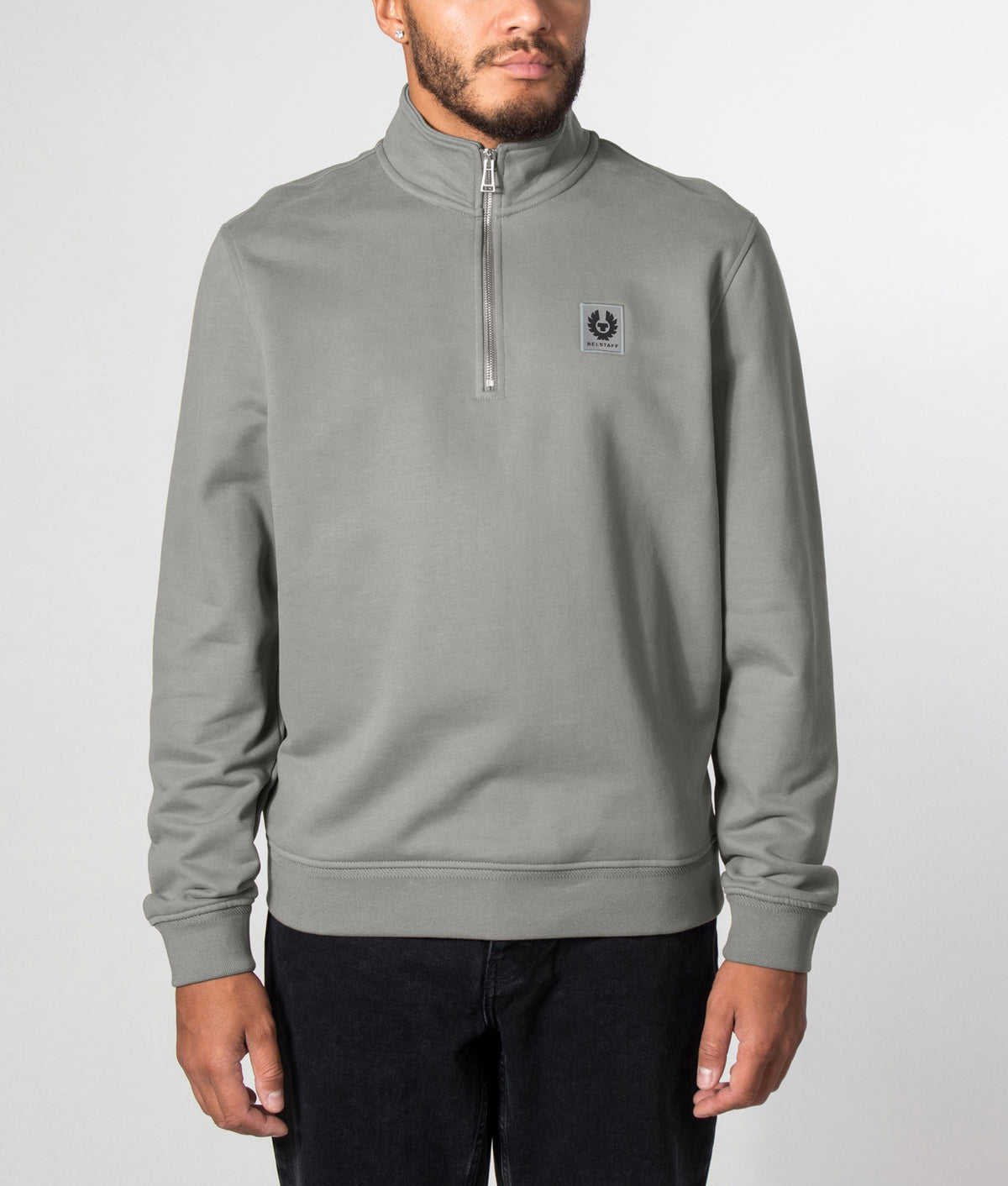 Belstaff Regular Fit Belstaff Quarter Zip Sweatshirt in Atlantic Grey at EQVVS Menswear. Front model shot.