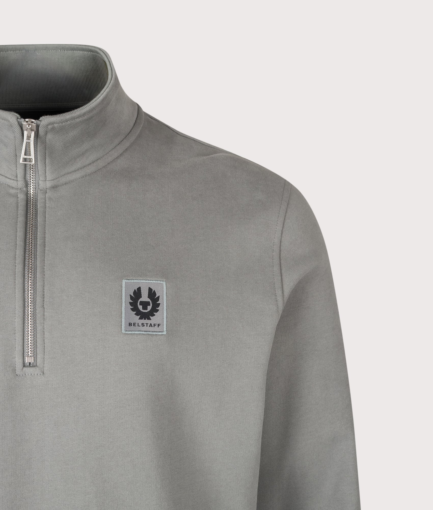 Belstaff Regular Fit Belstaff Quarter Zip Sweatshirt in Atlantic Grey at EQVVS Menswear. Detail shot.