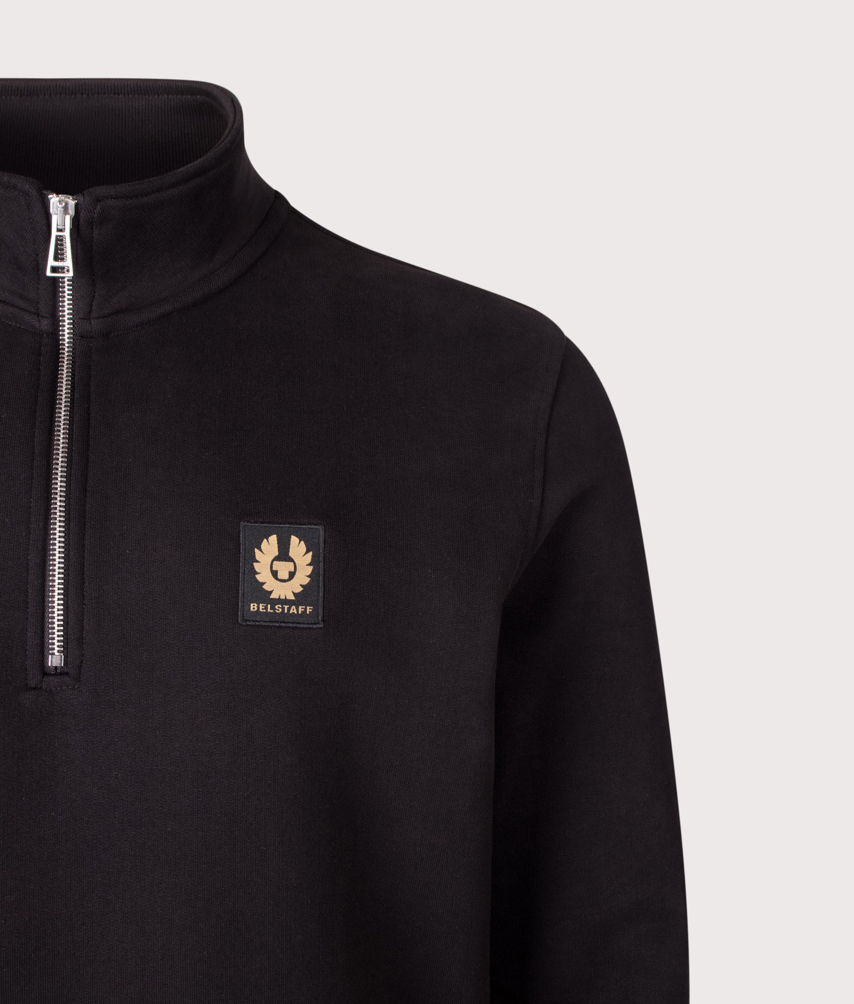 Belstaff Regular Fit Belstaff Quarter Zip Sweatshirt in Black at EQVVS Menswear. Detail shot.