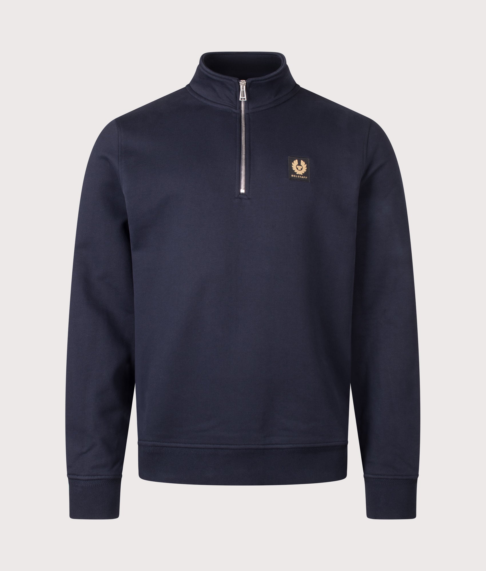 Belstaff Regular Fit Belstaff Quarter Zip Sweatshirt in Dark Ink at EQVVS Menswear. Front shot.