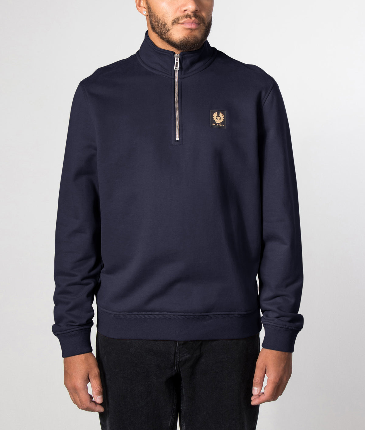 Belstaff Regular Fit Belstaff Quarter Zip Sweatshirt in Dark Ink at EQVVS Menswear. Front model shot.