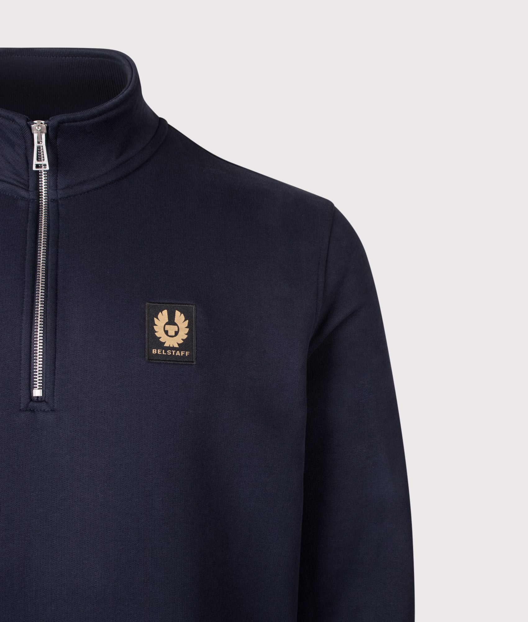 Belstaff Regular Fit Belstaff Quarter Zip Sweatshirt in Dark Ink at EQVVS Menswear. Detail shot.