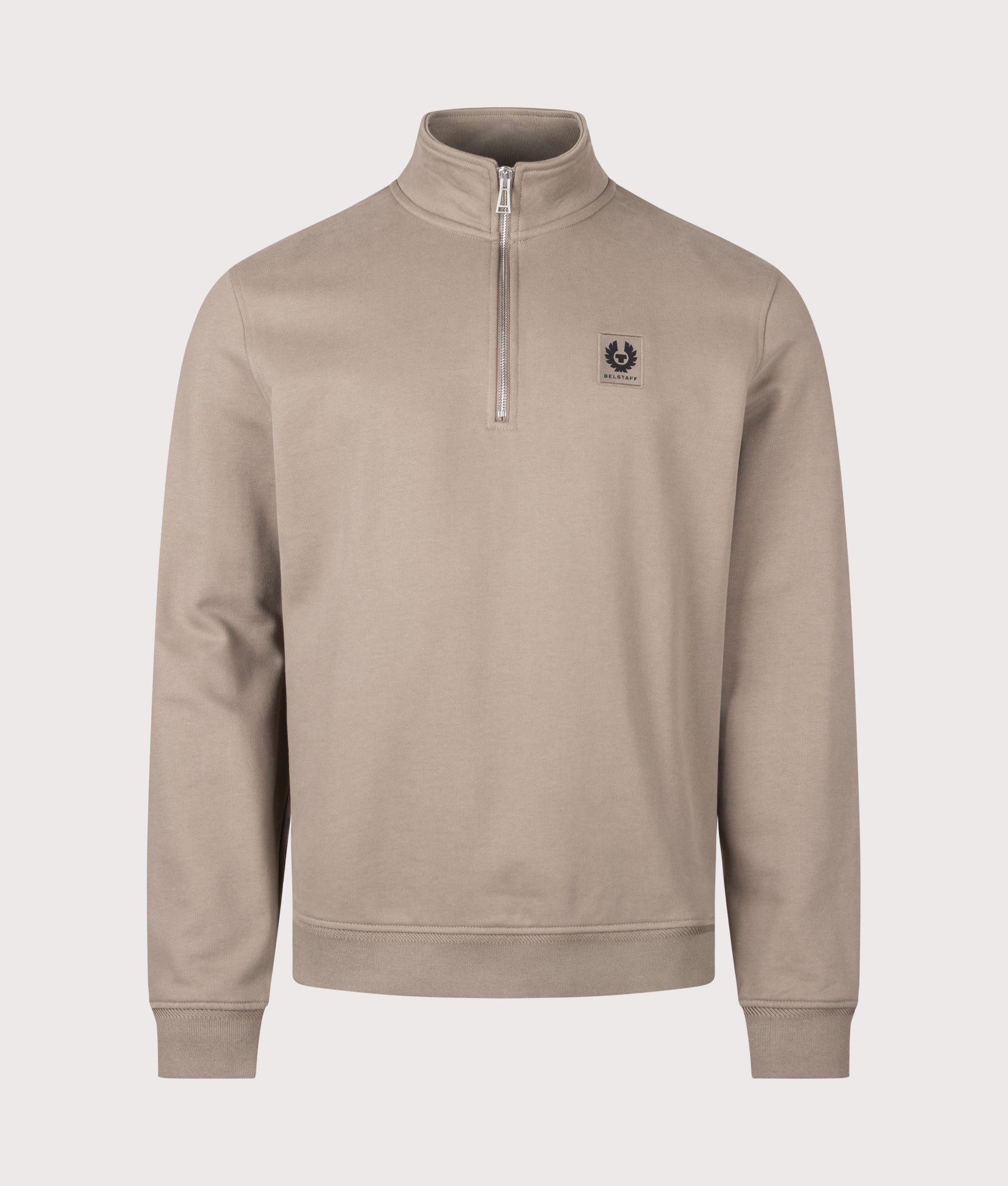 Belstaff Regular Fit Belstaff Quarter Zip Sweatshirt in Dusty Taupe at EQVVS Menswear. Front shot.
