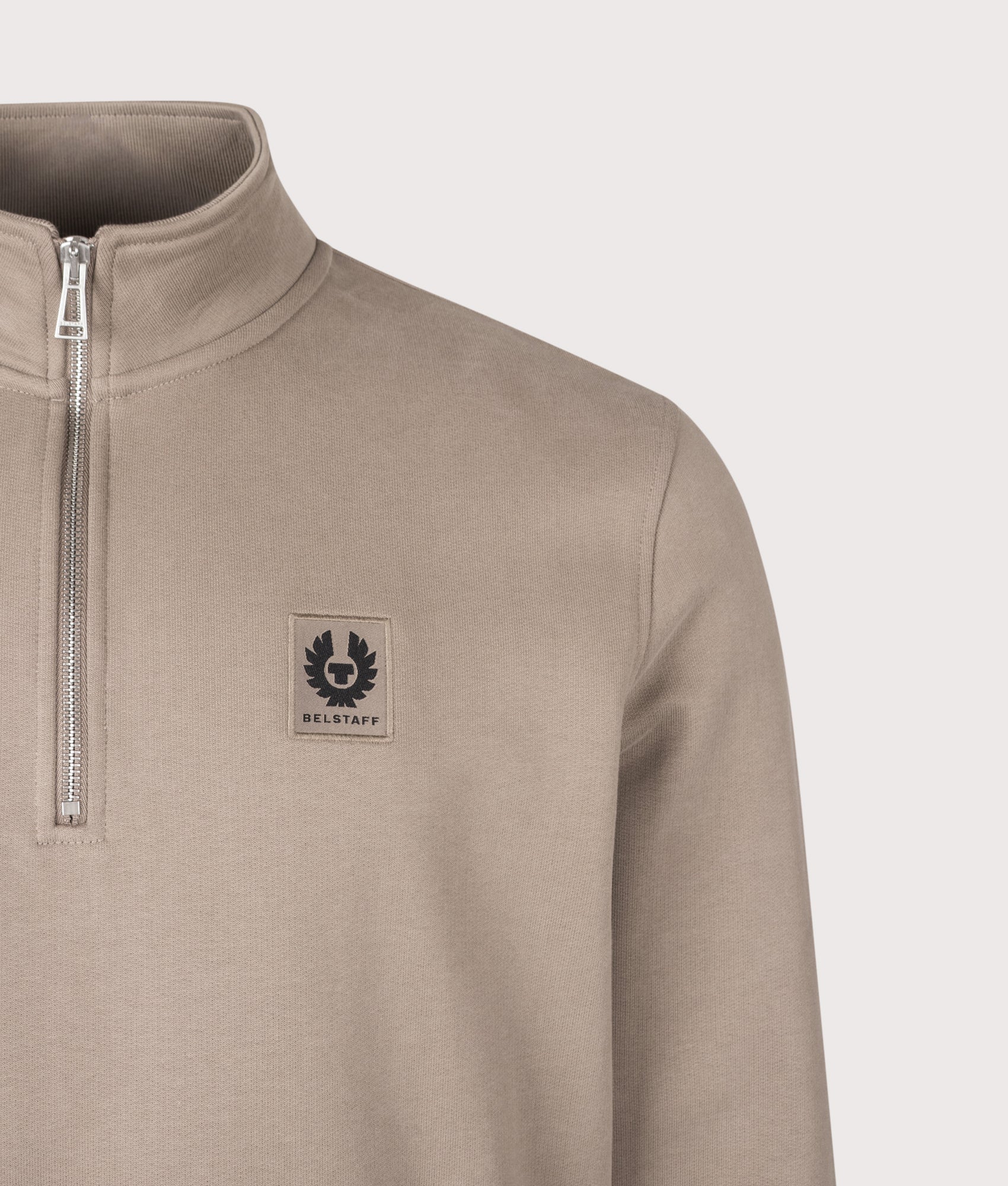 Belstaff Regular Fit Belstaff Quarter Zip Sweatshirt in Dusty Taupe at EQVVS Menswear. Detail shot.