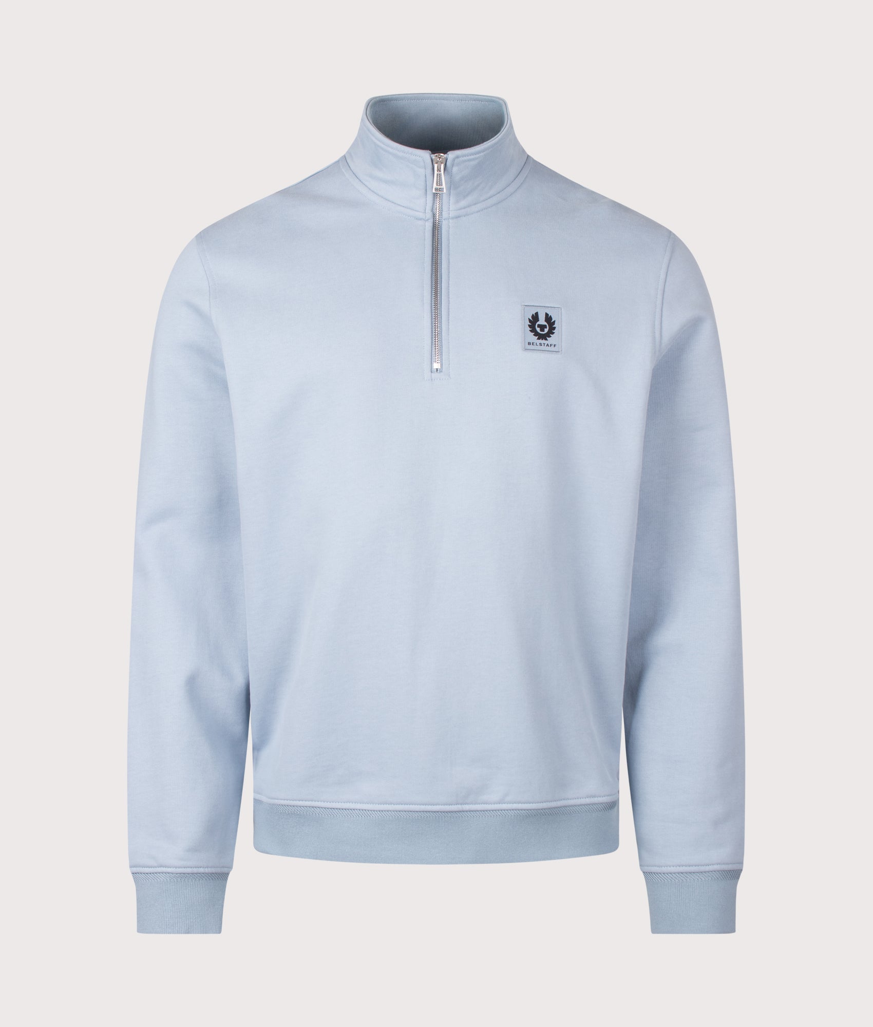 Belstaff Regular Fit Belstaff Quarter Zip Sweatshirt in Mist Blue at EQVVS Menswear. Front shot.