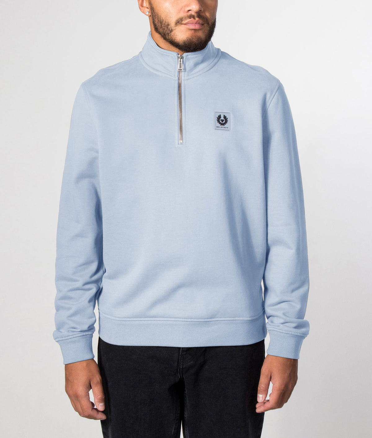 Belstaff Regular Fit Belstaff Quarter Zip Sweatshirt in Mist Blue at EQVVS Menswear. Front model shot.