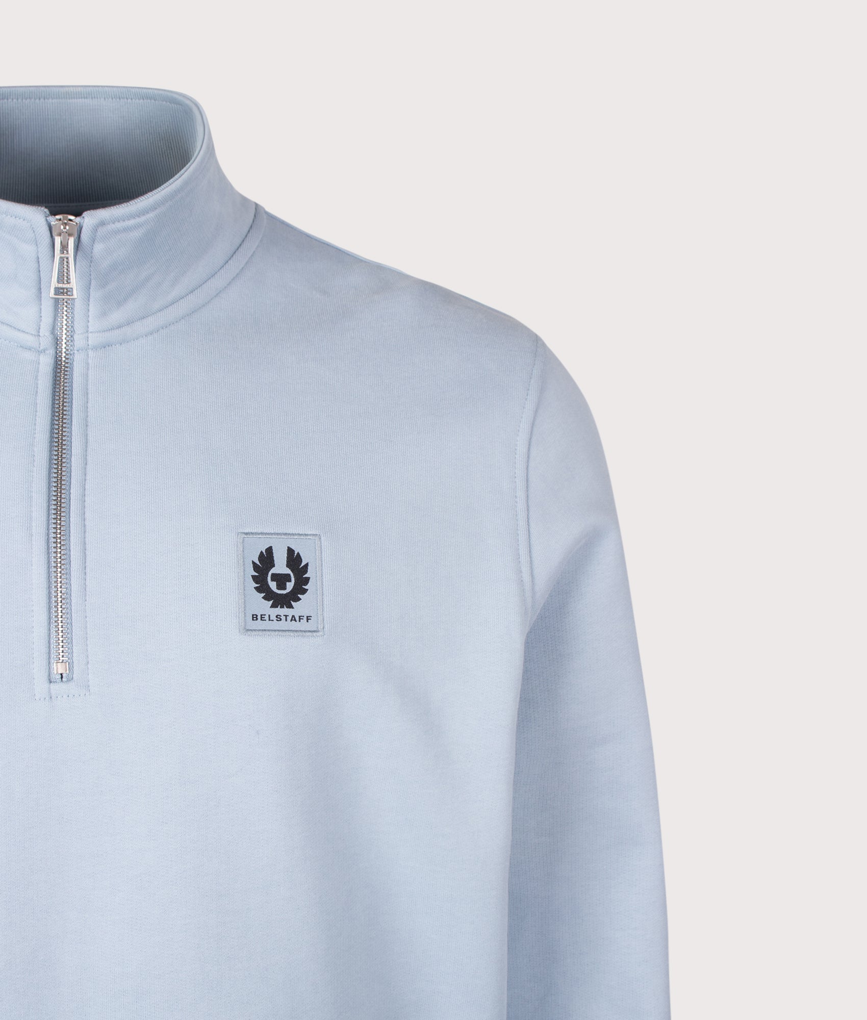 Belstaff Regular Fit Belstaff Quarter Zip Sweatshirt in Mist Blue at EQVVS Menswear. Detail shot.