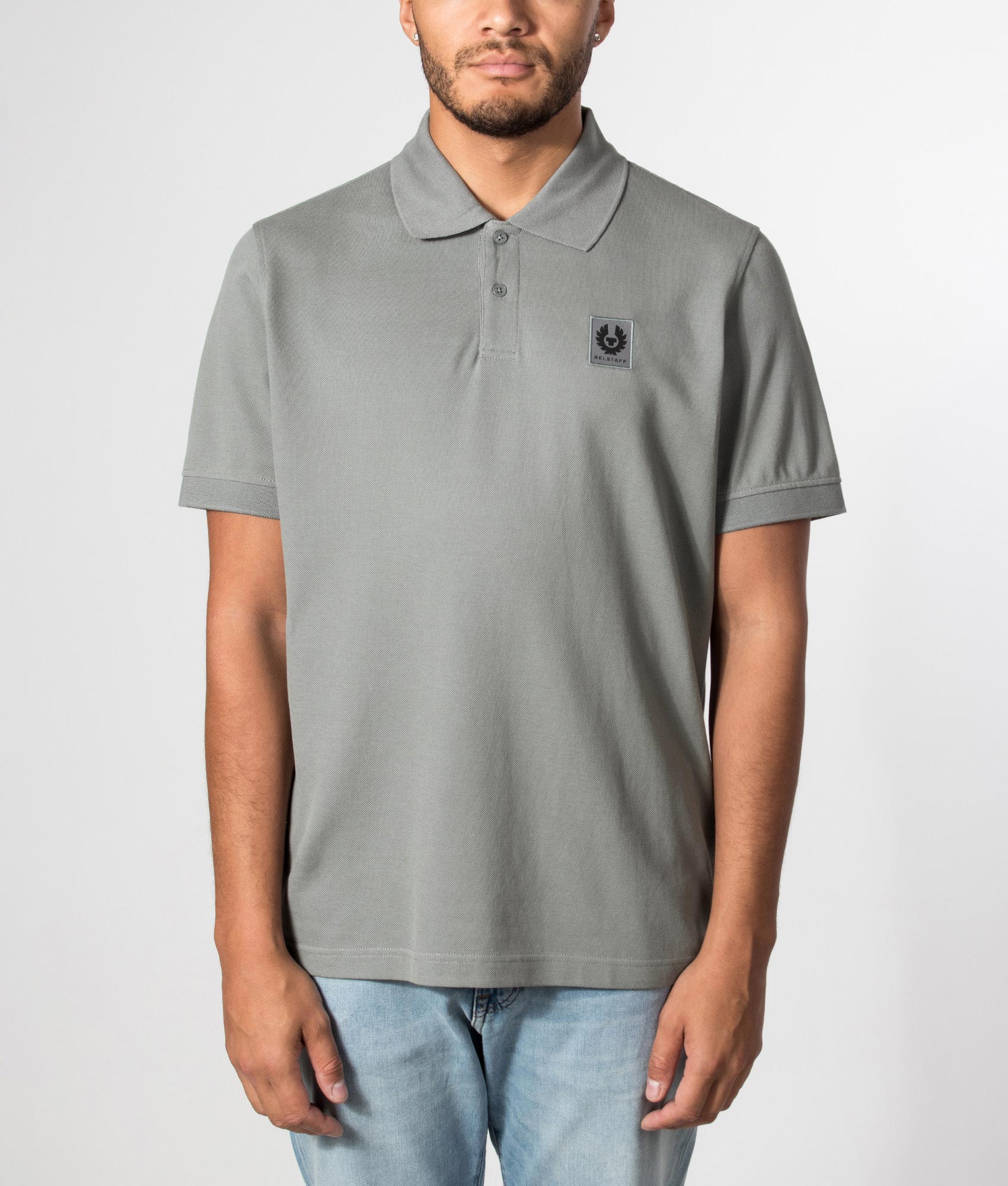 Belstaff Regular Fit Belstaff Polo Shirt in Atlantic Grey at EQVVS Menswear. Model front shot.