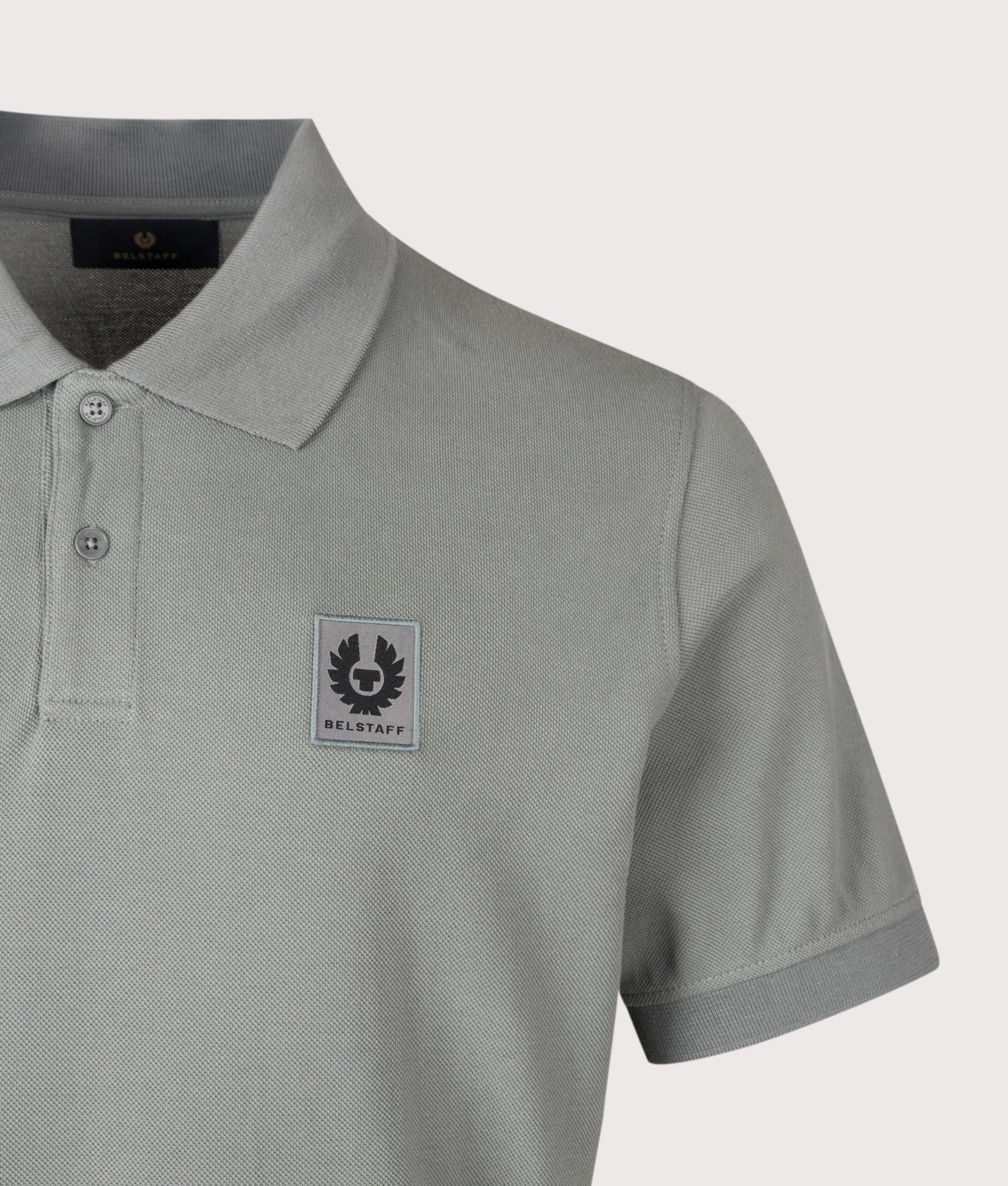 Belstaff Regular Fit Belstaff Polo Shirt in Atlantic Grey at EQVVS Menswear. Detail shot.