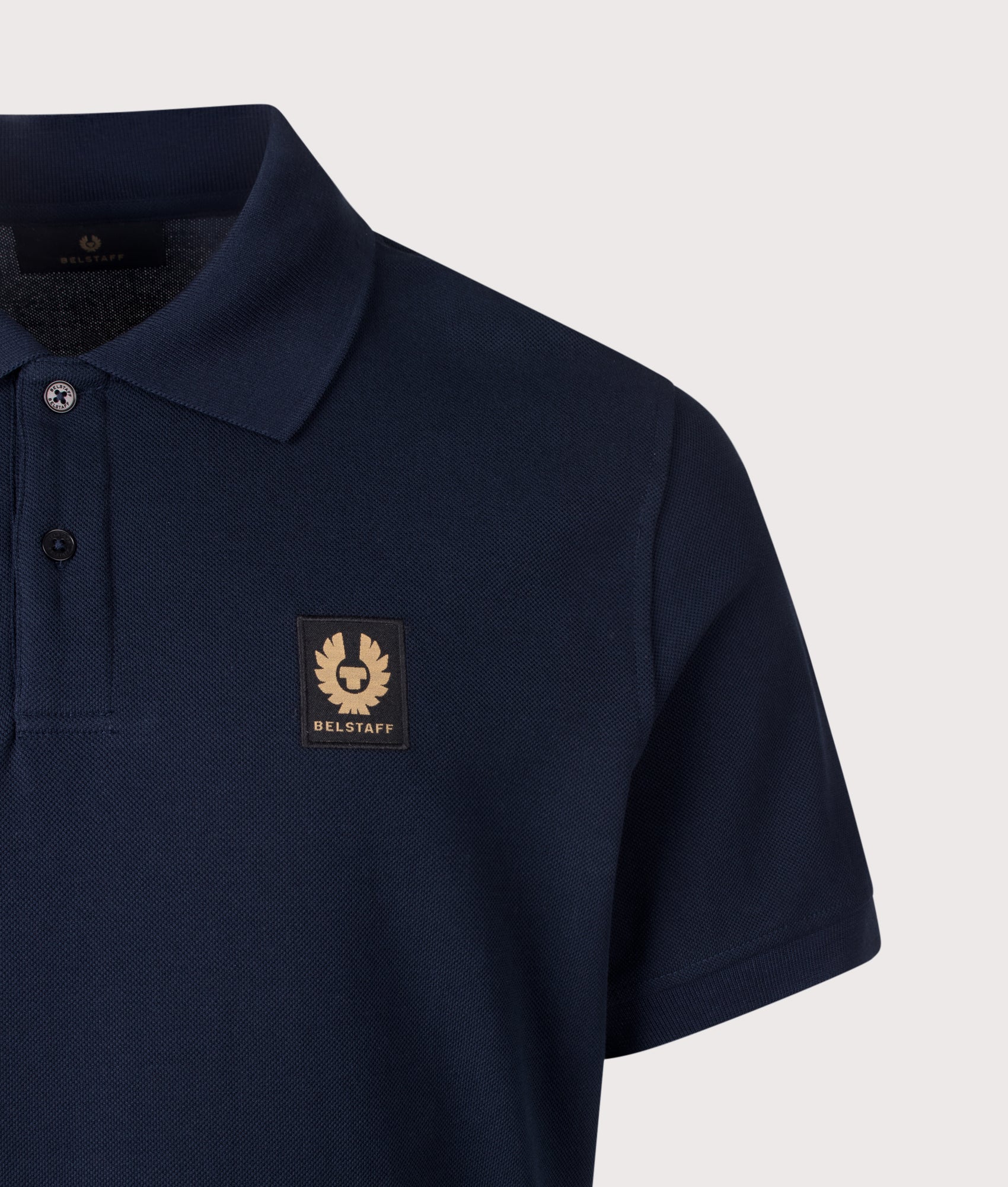 Belstaff Regular Fit Belstaff Polo Shirt in Dark Ink at EQVVS Menswear. Detail shot.