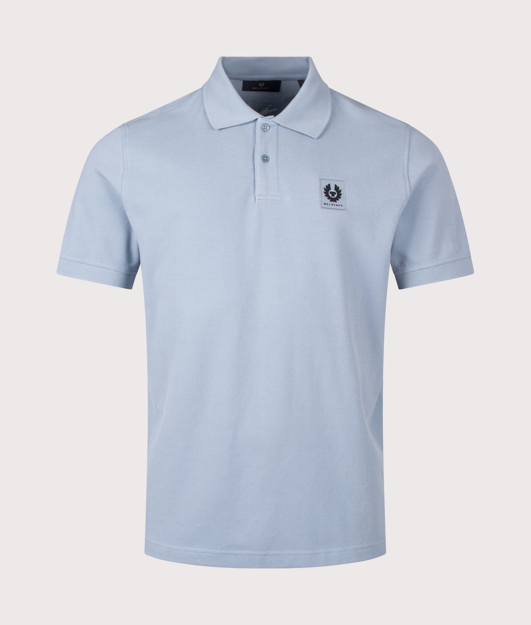Belstaff Regular Fit Belstaff Polo Shirt in Mist Blue at EQVVS Menswear. Front shot.