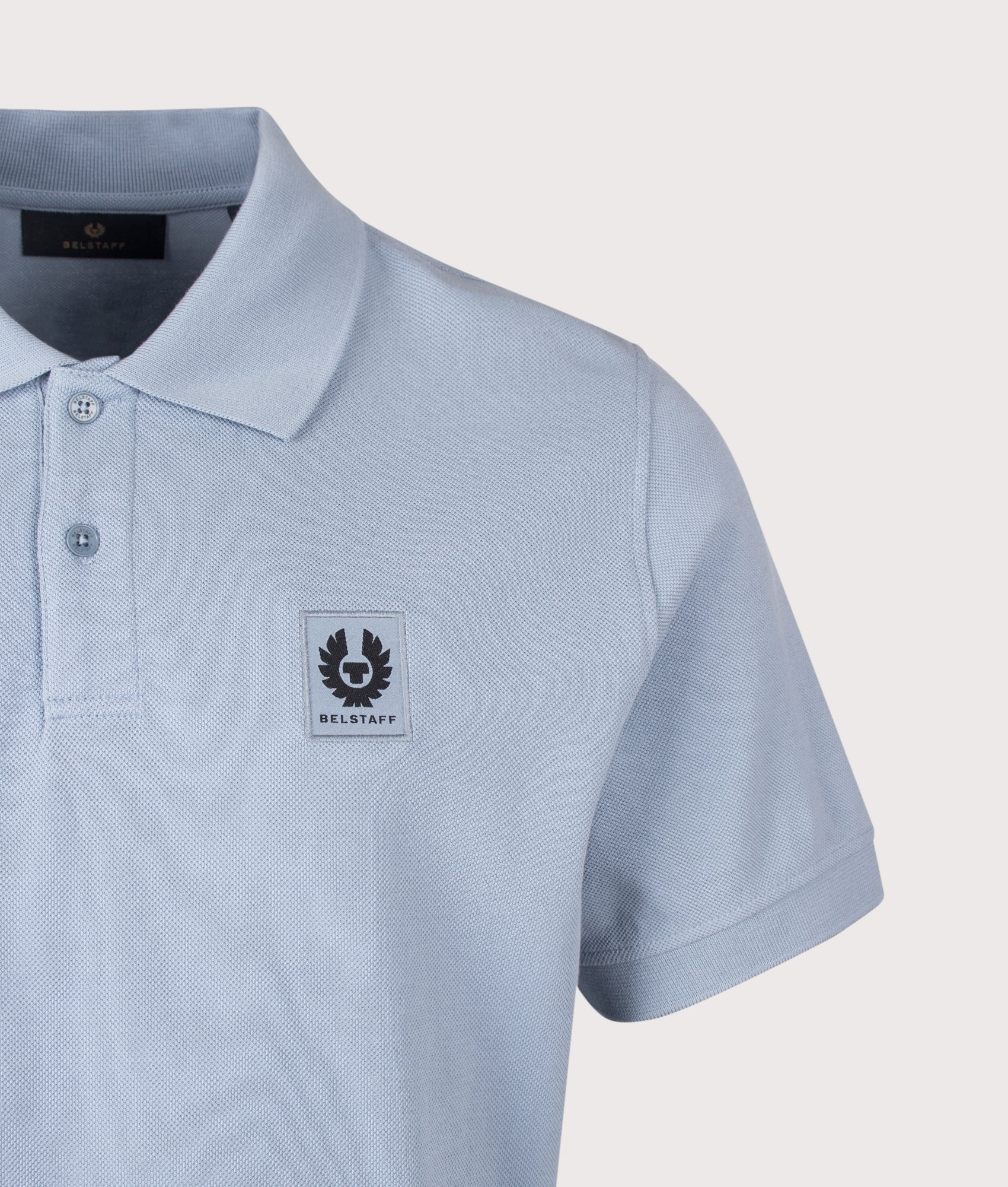 Belstaff Regular Fit Belstaff Polo Shirt in Mist Blue at EQVVS Menswear. Detail shot.