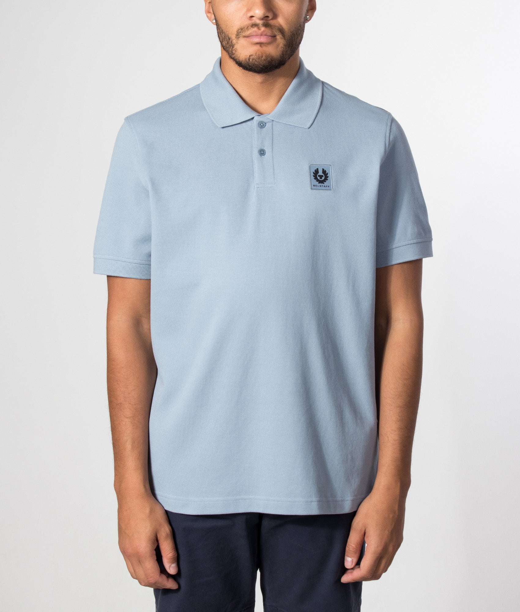 Belstaff Regular Fit Belstaff Polo Shirt in Mist Blue at EQVVS Menswear. Model front shot.