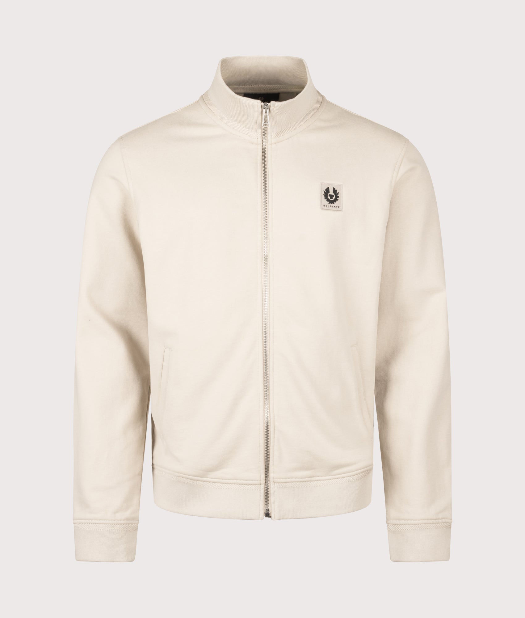 Belstaff Regular Fit Belstaff Full Zip Sweatshirt in Pale Stone at EQVVS Menswear. Front shot.