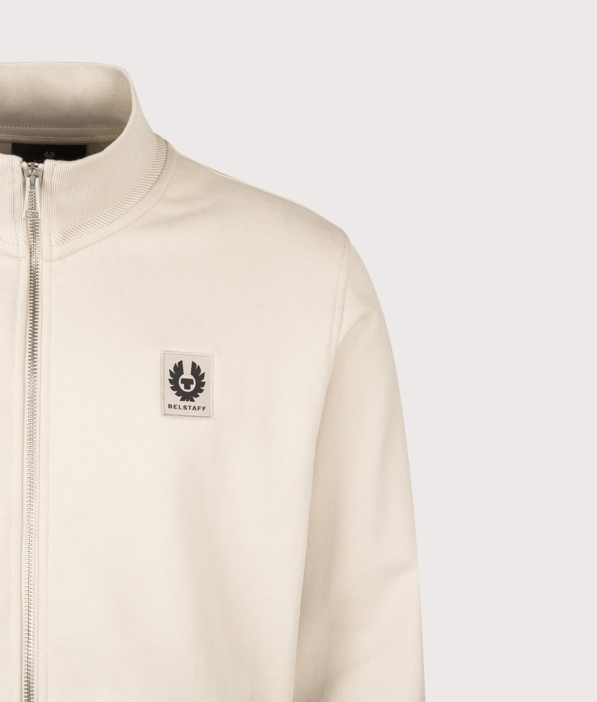 Belstaff Regular Fit Belstaff Full Zip Sweatshirt in Pale Stone at EQVVS Menswear. Detail shot.