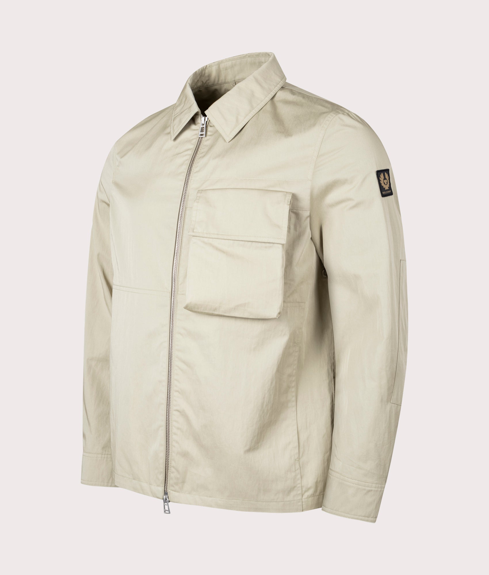 Belstaff runner overshirt in echo green front logo shot at EQVVS