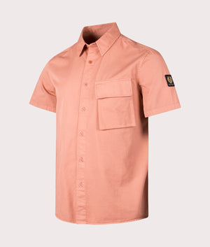 Belstaff Scale Short Sleeve Shirt in rust pink front side button shot by EQVVS