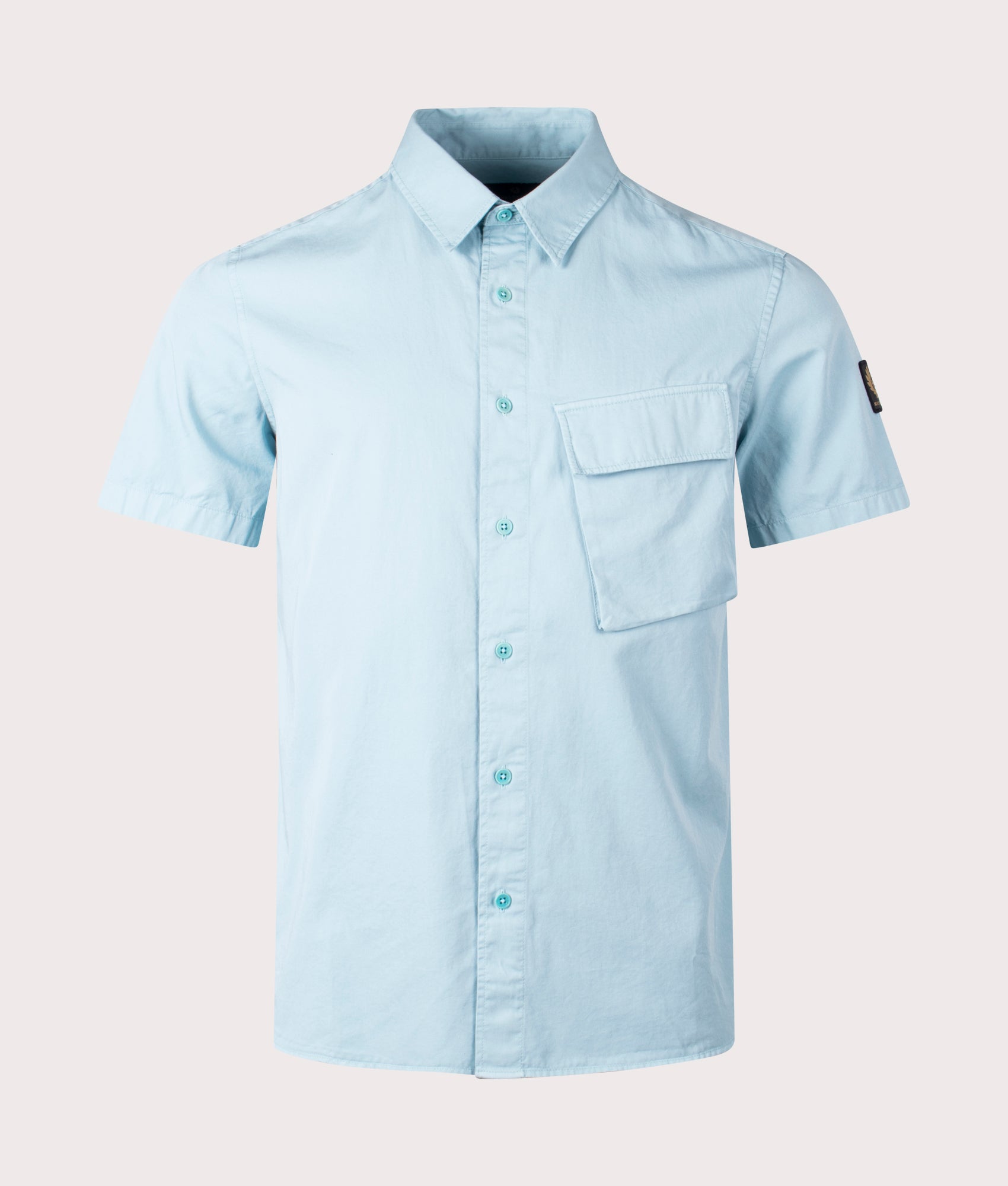 Belstaff Scale Short Sleeve Shirt in Skyline blue front button shot by EQVVS