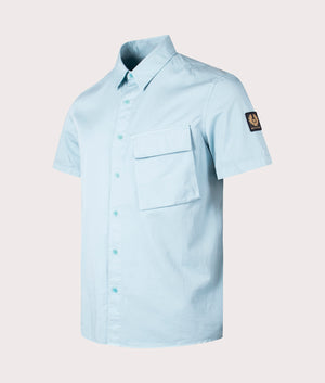 Belstaff Scale Short Sleeve Shirt in Skyline blue front side button shot by EQVVS