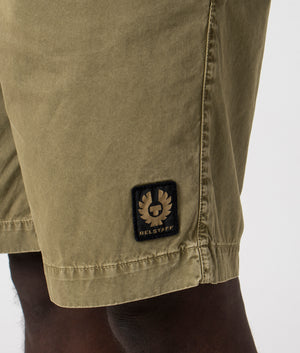 Belstaff dalesman short in aloe detail shot with patch logo 100% cotton shot at EQVVS