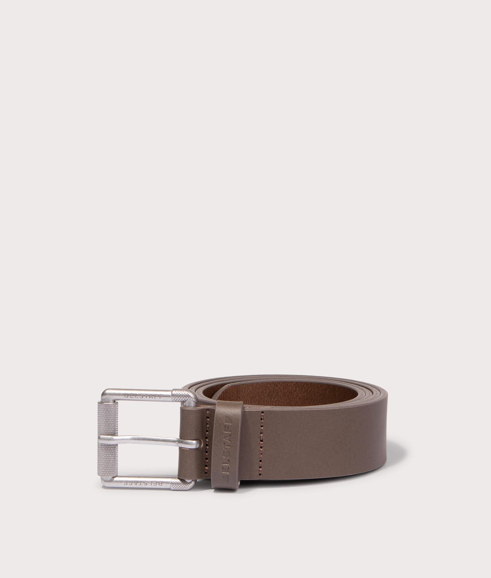 Belstaff Roller Buckle Belt in taupe buckle shot at EQVVS