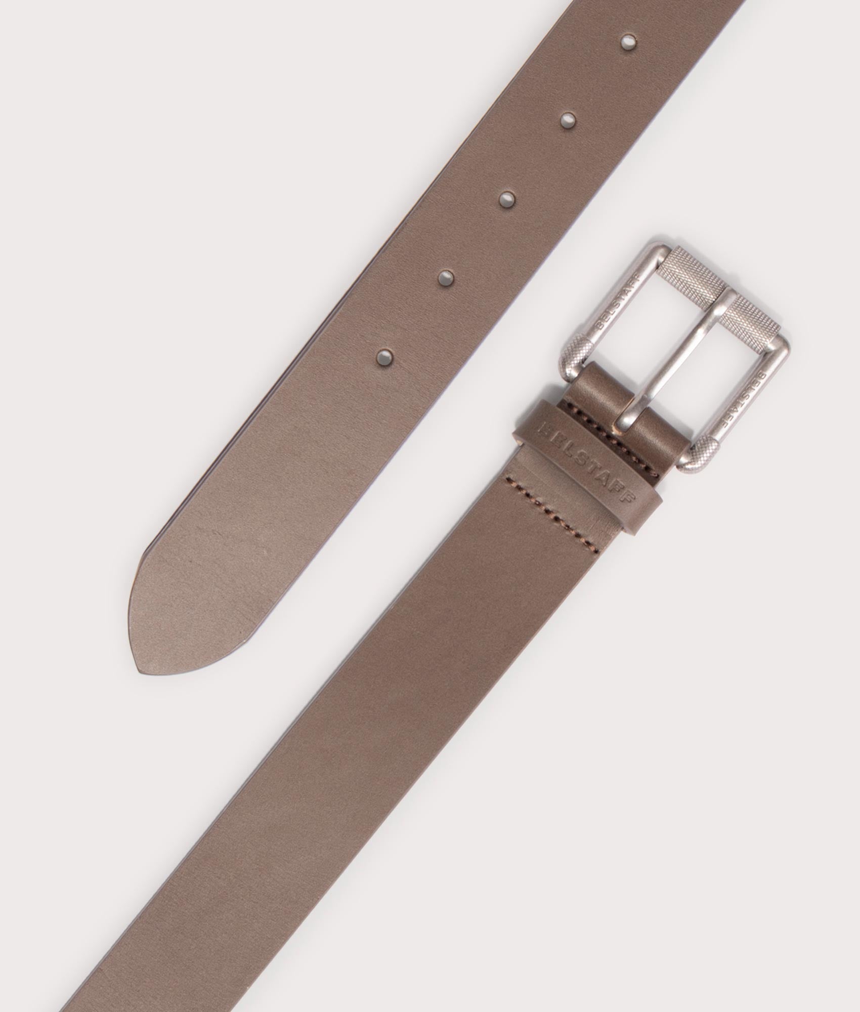 Belstaff Roller Buckle Belt in taupe belt shot at EQVVS