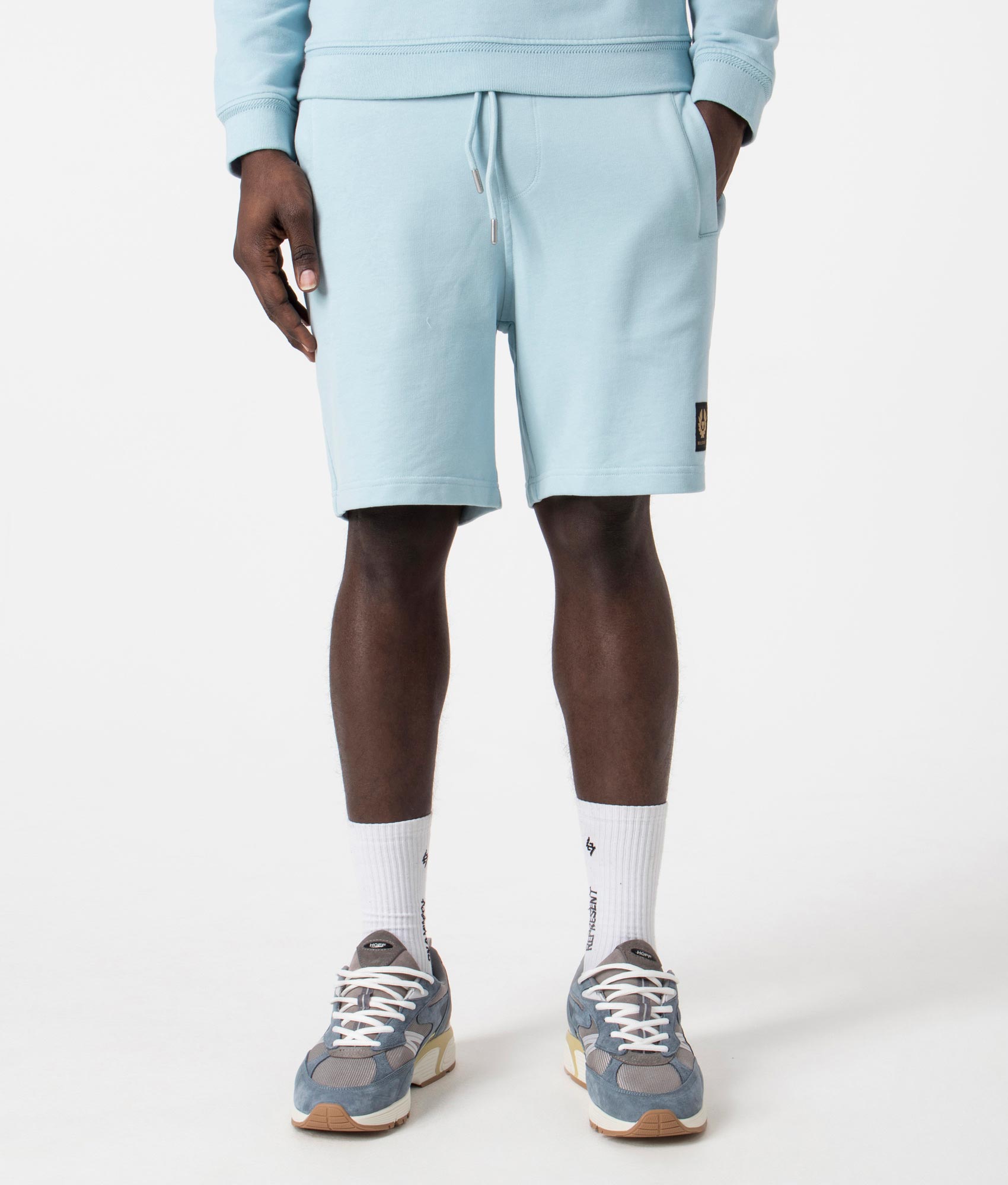 Belstaff Sweat Shorts in Skyline Blue. EQVVS Front Angle Shot.