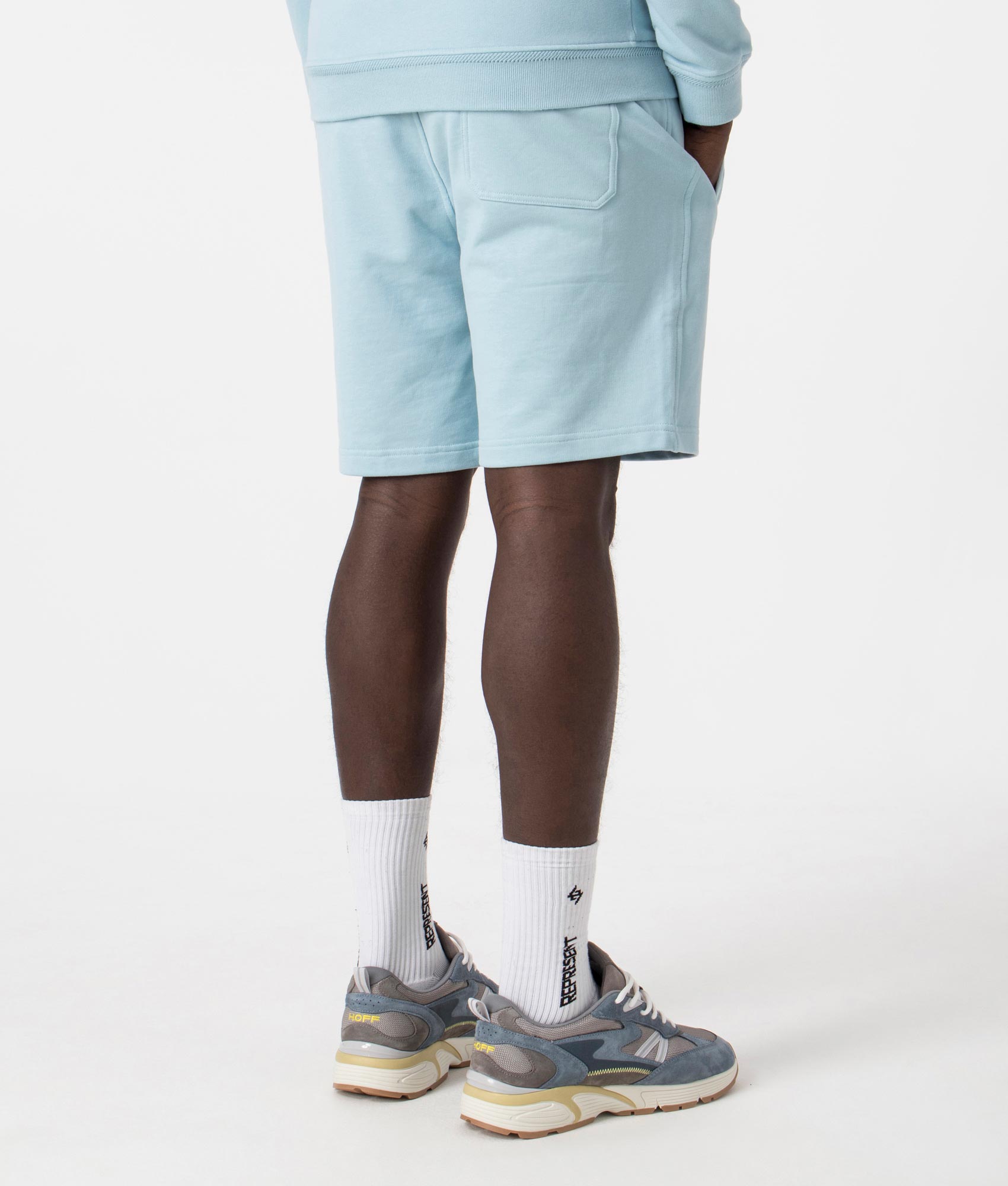 Belstaff Sweat Shorts in Skyline Blue. EQVVS Back Angle Shot.