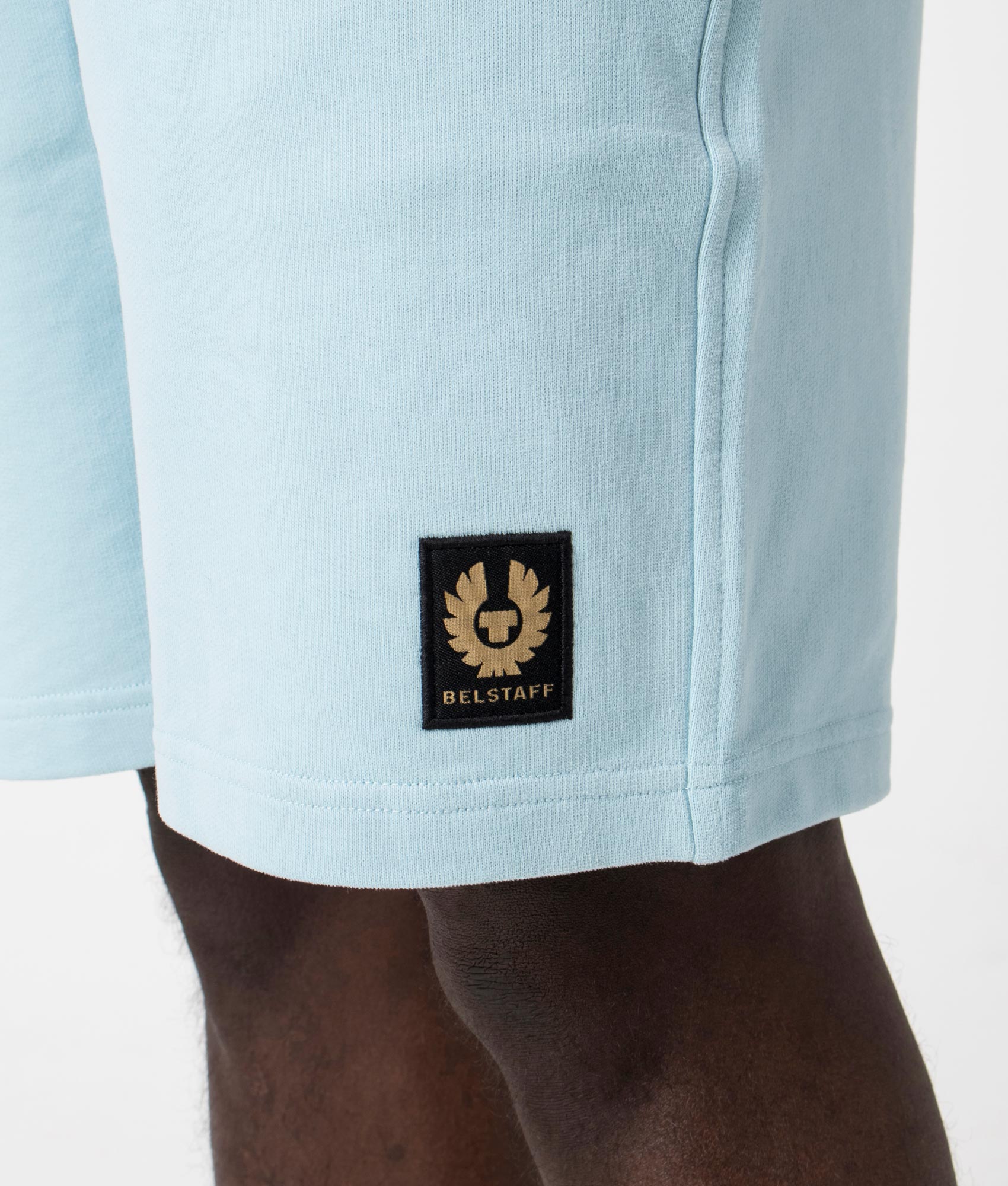 Belstaff Sweat Shorts in Skyline Blue. EQVVS Detail Shot.
