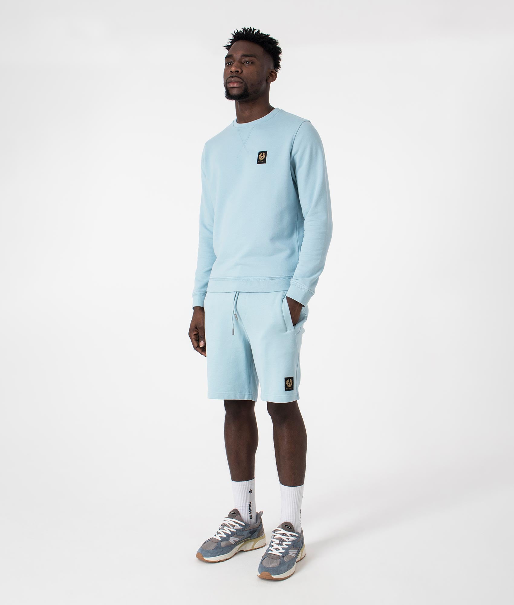 Belstaff Sweat Shorts in Skyline Blue. EQVVS Full Shot.