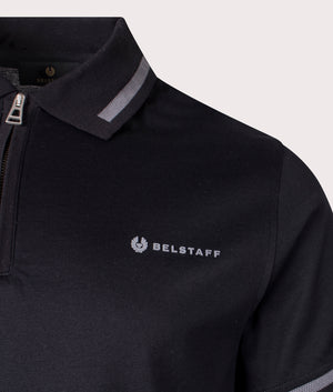 Belstaff Graph Zip Polo Shirt in Black with Zip detail logo shot at EQVVS