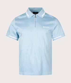 Belstaff Graph Zip Polo Shirt in skyline blue with zip detail front shot at EQVVS