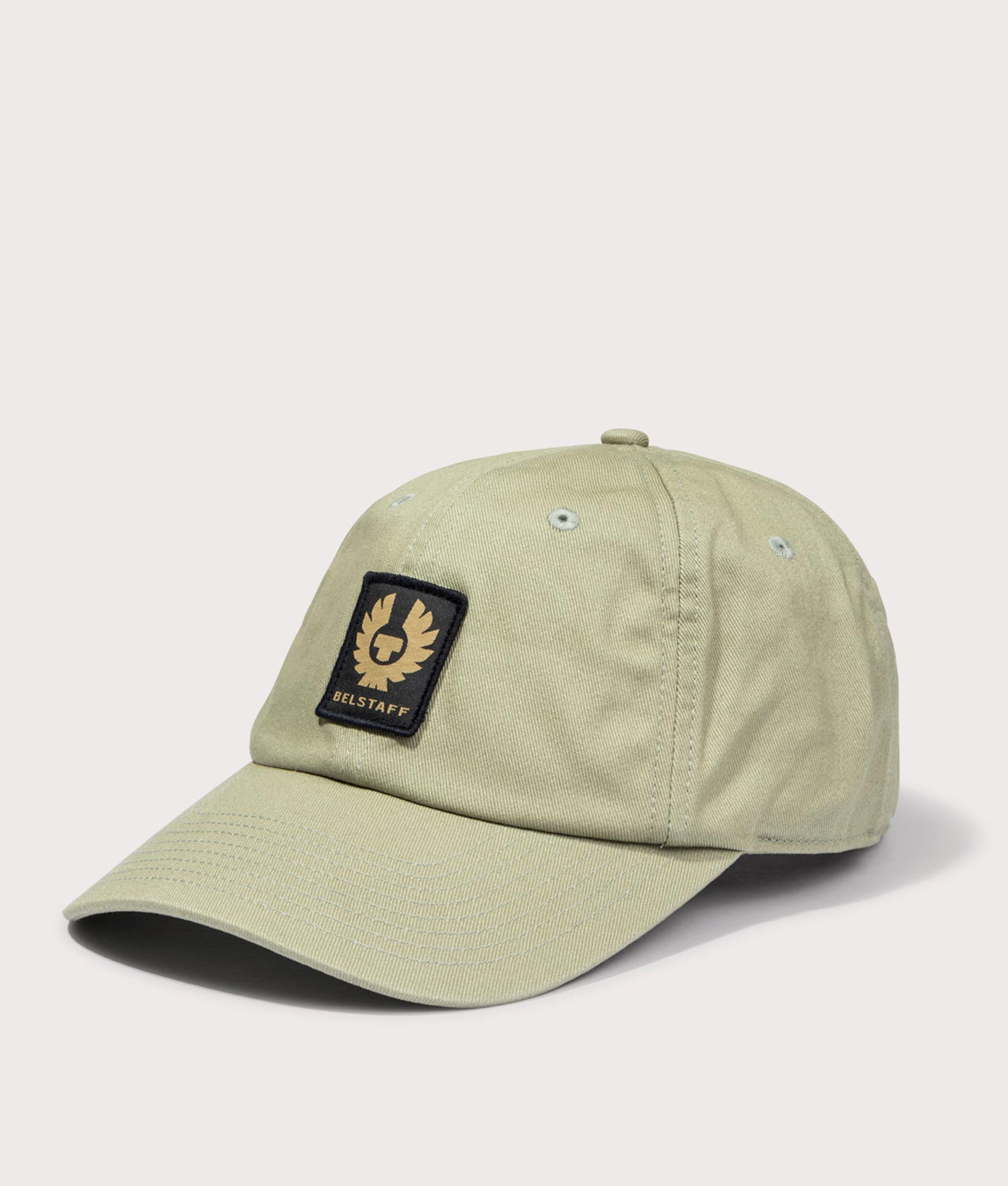Belstaff Phoenix Logo Cap in echo green with patch logo front side shot at EQVVS
