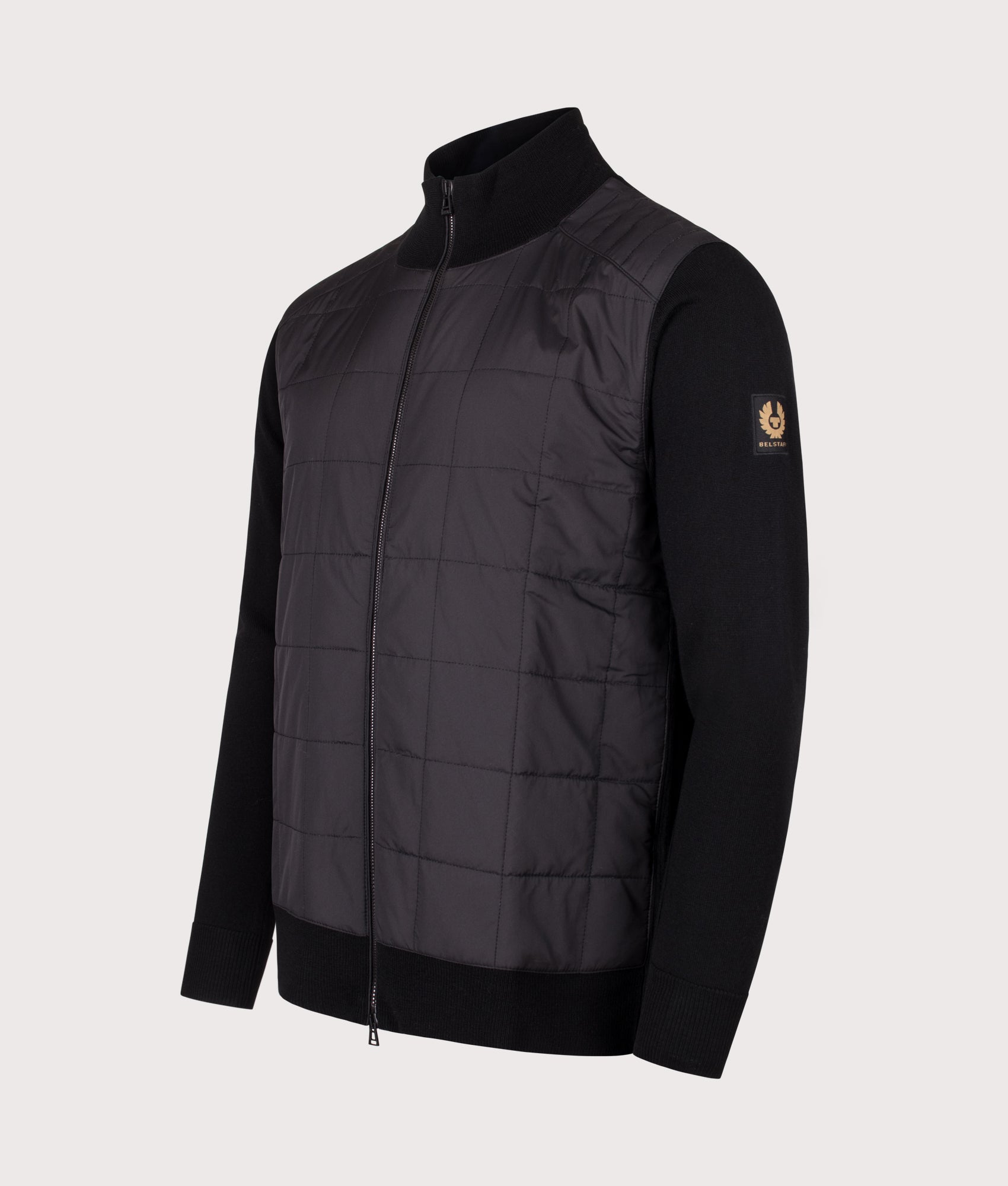 Belstaff Regular Fit Kelbrook Zip Cardigan in Black at EQVVS Menswear. Angled front shot.