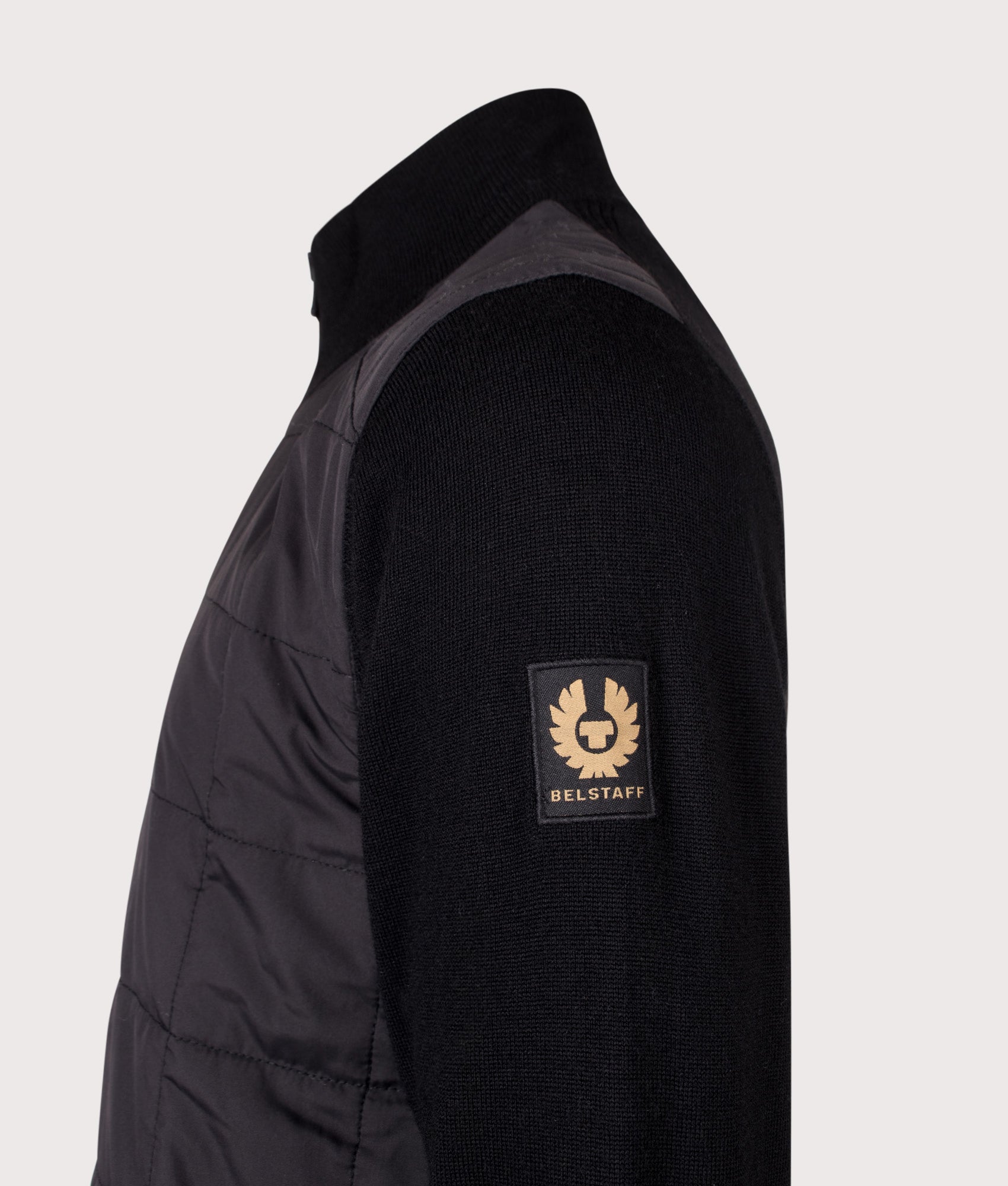 Belstaff Regular Fit Kelbrook Zip Cardigan in Black at EQVVS Menswear. Detail shot.