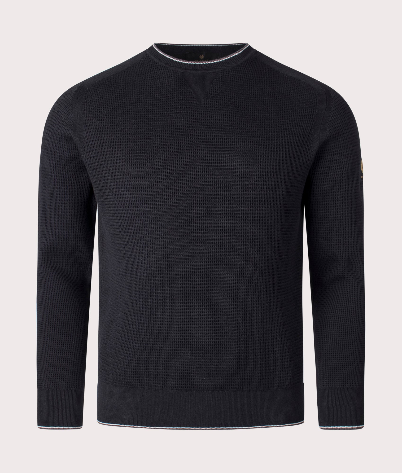 Belstaff Cole Crewneck Jumper in Black. Front angle shot at EQVVS.