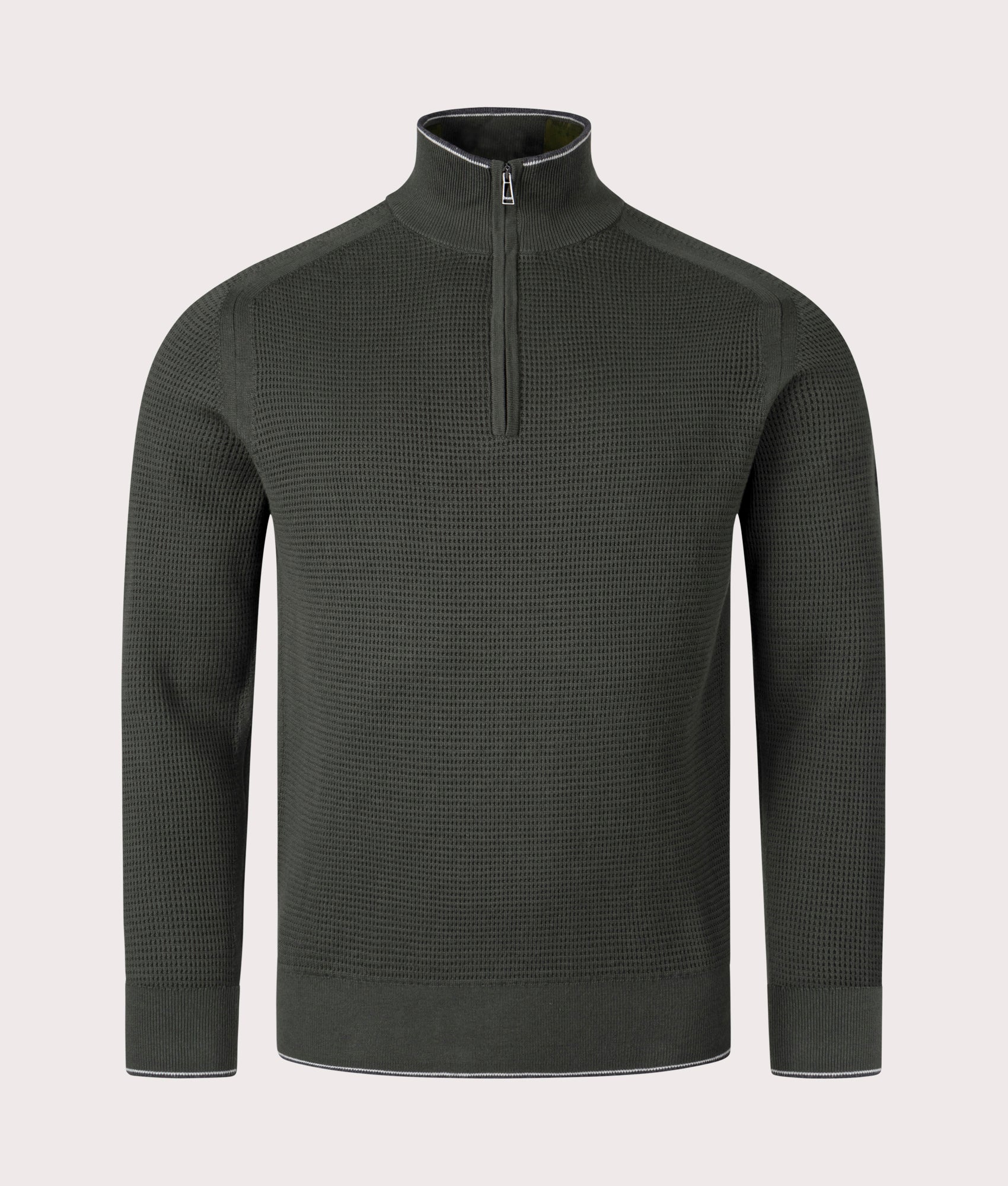 Belstaff Cole Quarter Zip Jumper in Tile Green. Front angle shot at EQVVS.