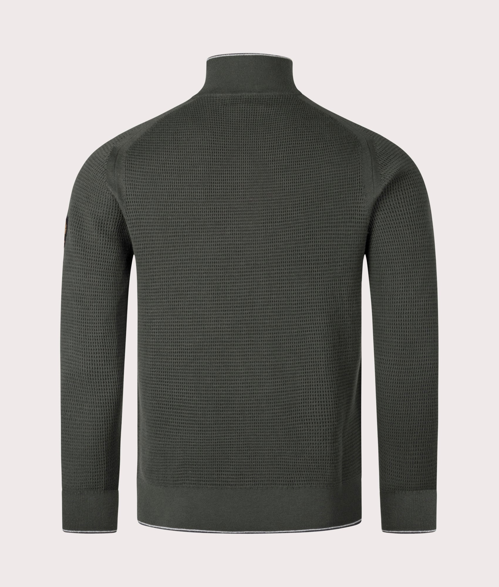 Belstaff Cole Quarter Zip Jumper in Tile Green. Back angle shot at EQVVS.