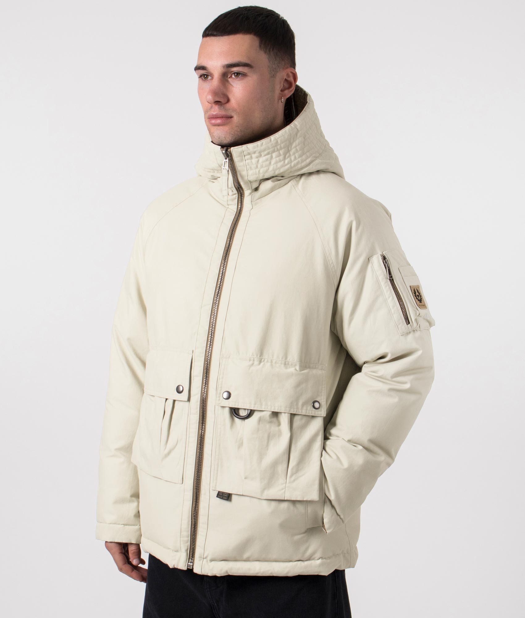 Centenary Reversible Jacket Belstaff Chalk / British Khaki. Shot at EQVVS. Angle shot 1. 
