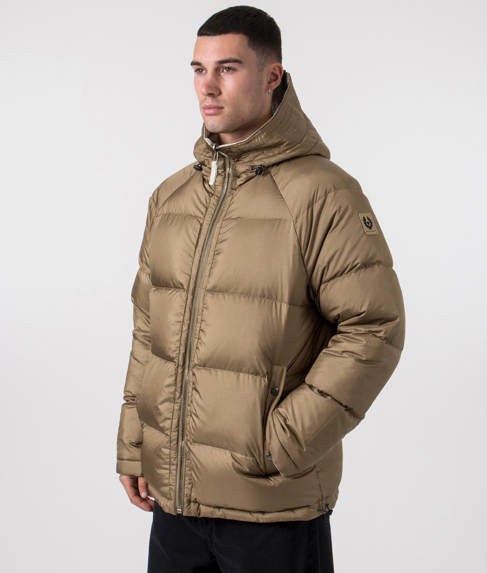Centenary Reversible Jacket Belstaff Chalk / British Khaki. Shot at EQVVS. Angle shot 2. 