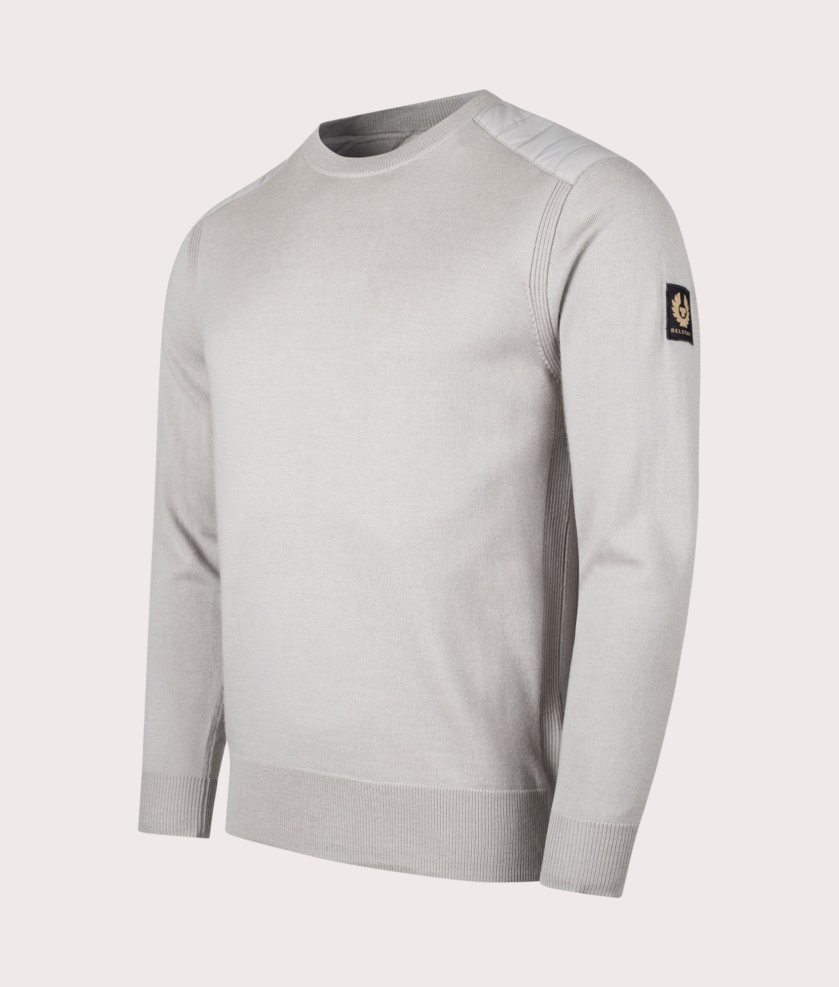 Belstaff Kerrigan Crewneck Jumper in Chrome Grey. Side angle shot at EQVVS.