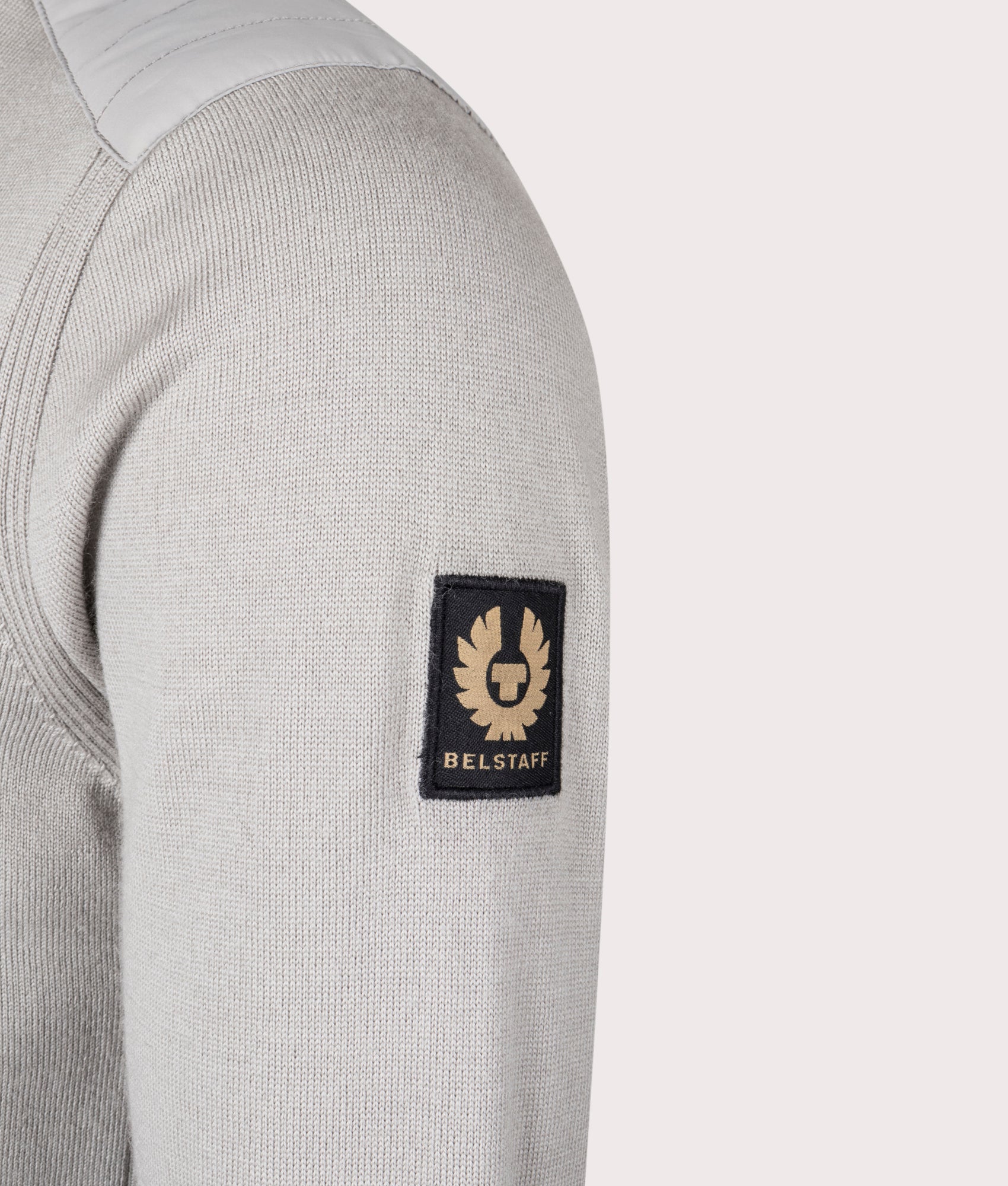 Belstaff Kerrigan Crewneck Jumper in Chrome Grey. Detail angle shot at EQVVS.