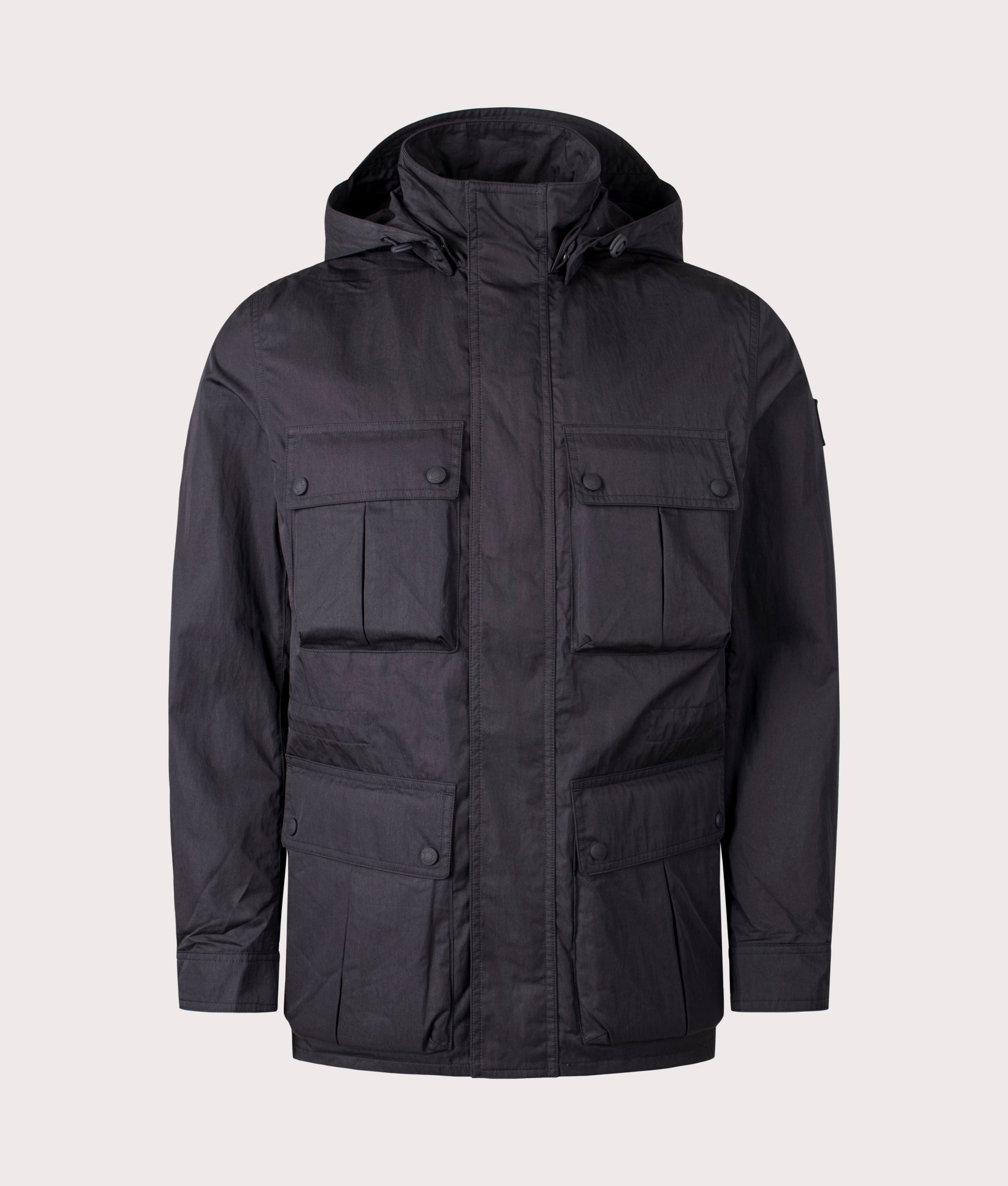 Belstaff Drome Jacket in Black. Front angle shot at EQVVS.